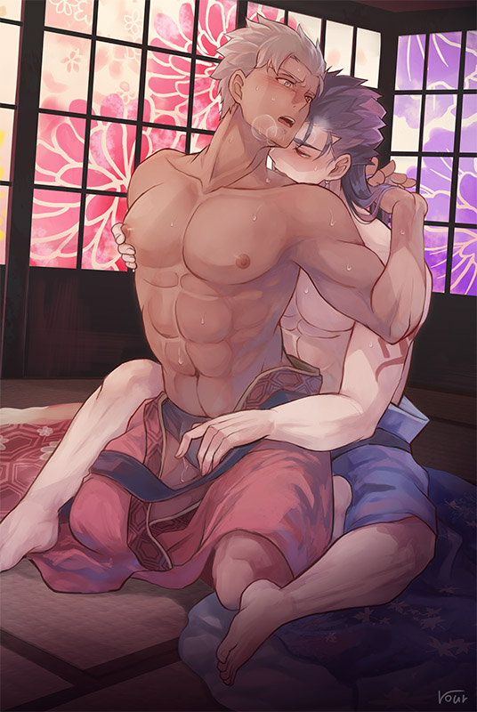 2boys abs archer_(fate) arm_tattoo bara black_male_underwear blue_hair blush bulge couple cu_chulainn_(fate) cu_chulainn_(fate/stay_night) fate/stay_night fate_(series) grey_hair indoors large_pectorals looking_at_another male_focus male_underwear multiple_boys muscular muscular_male navel nipples open_mouth pectorals ro_(pixiv34009774) short_hair sitting tattoo topless_male underwear yaoi