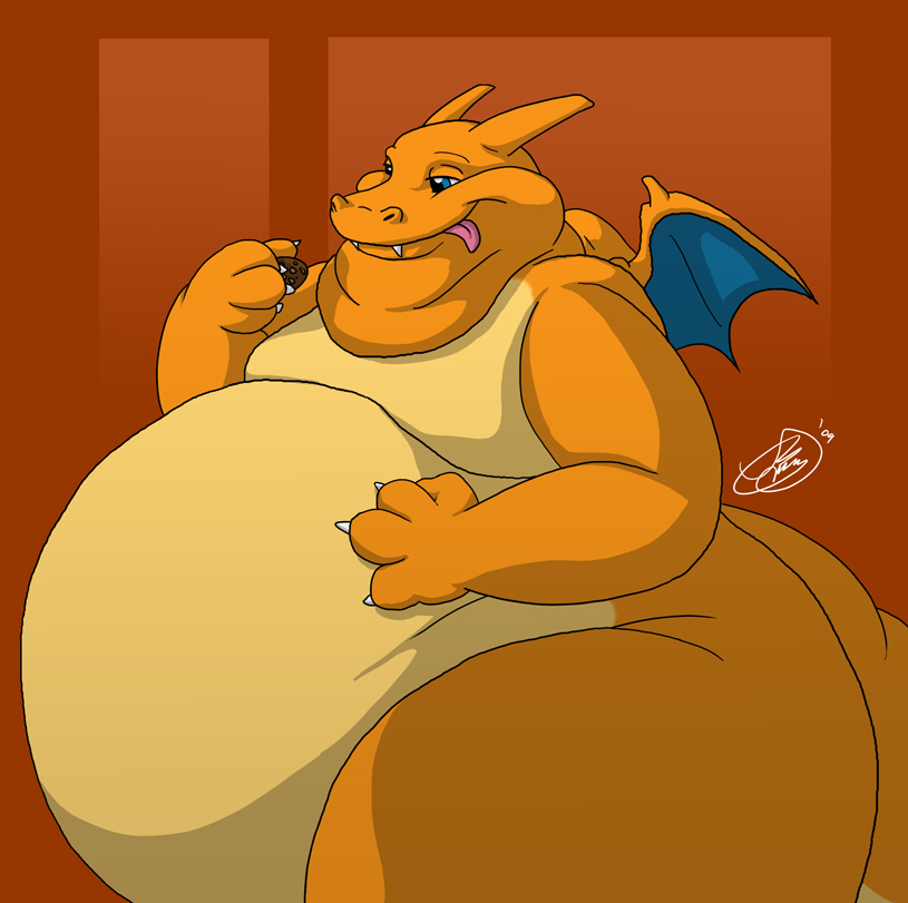 2009 4_fingers anthro anthrofied belly big_belly biped blue_eyes charizard claws cookie digital_media_(artwork) dragon finger_claws fingers food generation_1_pokemon hand_on_stomach holding_food holding_object huge_belly huge_thighs juano looking_at_object male membrane_(anatomy) membranous_wings moobs nintendo nude obese obese_anthro obese_male orange_body overweight overweight_anthro overweight_male pokemon pokemon_(species) pokemorph scalie simple_background small_wings smile solo standing tail thick_thighs tongue tongue_out white_claws wings