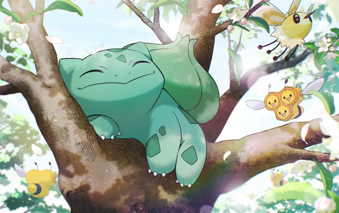 animal_focus bulbasaur cha_kuro_(limo) claws closed_eyes combee cutiefly day flower in_tree no_humans nostrils outdoors petals pokemon pokemon_(creature) smile tree white_flower white_petals