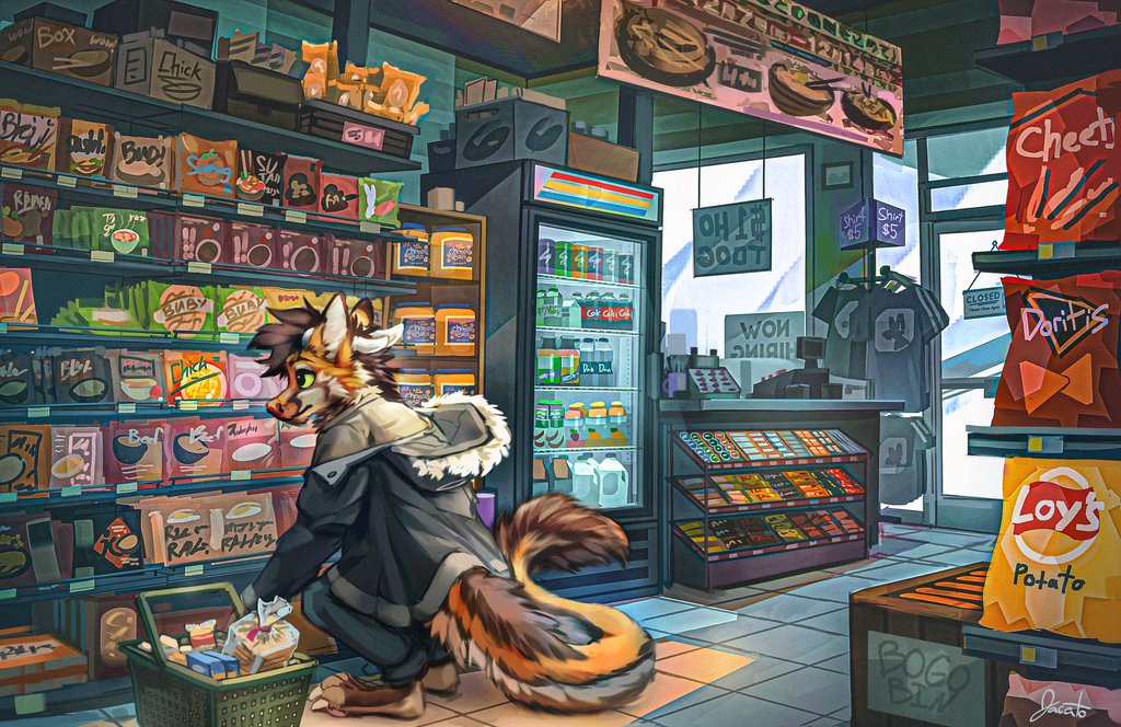 2022 amazing_background anthro clothed clothing crouching detailed_background digitigrade dragon fur furred_dragon horn hybrid inside jacato male shopping solo store