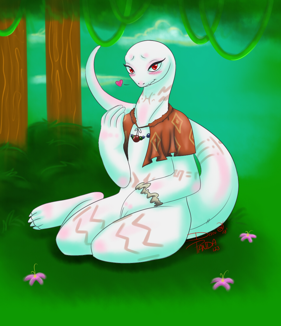 2018 4_toes albino anthro arm_markings bangle bead_necklace belly belly_markings big_tail biped blush cape cape_only capelet clothing cloud crusch_lulu cute_fangs detailed_background digitigrade discopanda123 eyelashes feet female flat_chested flower grass green_sky jewelry leg_markings lizard lizardman_(overlord) long_neck long_tail looking_at_viewer markings mostly_nude neck_markings necklace orange_cape outside overlord_(series) pattern_cape pink_markings plant red_eyes reptile scalie shaded shadow signature sitting sky smile smiling_at_viewer soft_shading solo tail_markings thick_tail thigh_markings toes tree tribal tribal_markings vines white_body