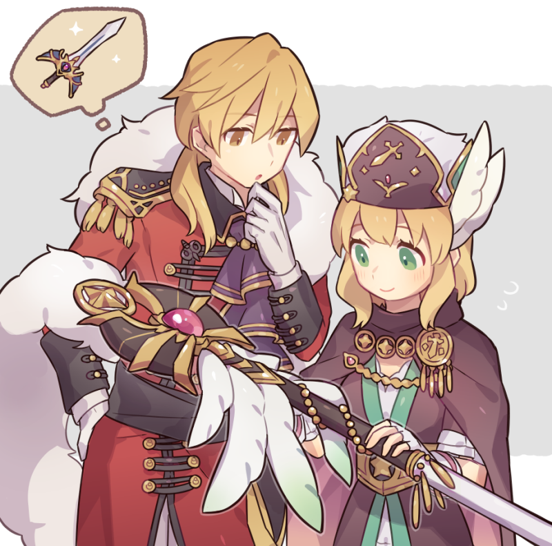 1boy 1girl :o ares_(fire_emblem) blonde_hair brown_eyes closed_mouth coat commentary_request cousins epaulettes fire_emblem fire_emblem:_genealogy_of_the_holy_war fire_emblem_heroes fur-trimmed_coat fur_trim gloves gold_trim green_eyes grey_background haconeri head_wings holding holding_sword holding_weapon medium_hair nanna_(fire_emblem) nanna_(scion)_(fire_emblem) open_mouth smile sparkle sword two-tone_background weapon white_background white_gloves wings