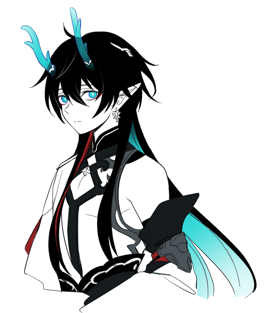 1boy aethervox aqua_eyes aqua_hair aqua_horns arms_at_sides bare_shoulders black_hair bright_pupils cleavage_cutout closed_mouth clothing_cutout colored_inner_hair commentary_request cowlick cropped_torso dan_heng_(honkai:_star_rail) dan_heng_(imbibitor_lunae)_(honkai:_star_rail) earrings expressionless eyeliner hair_between_eyes honkai:_star_rail honkai_(series) horns jewelry long_hair looking_at_viewer makeup male_focus multicolored_hair partially_colored pointy_ears red_eyeliner simple_background solo split_mouth translucent_horns upper_body white_background white_pupils