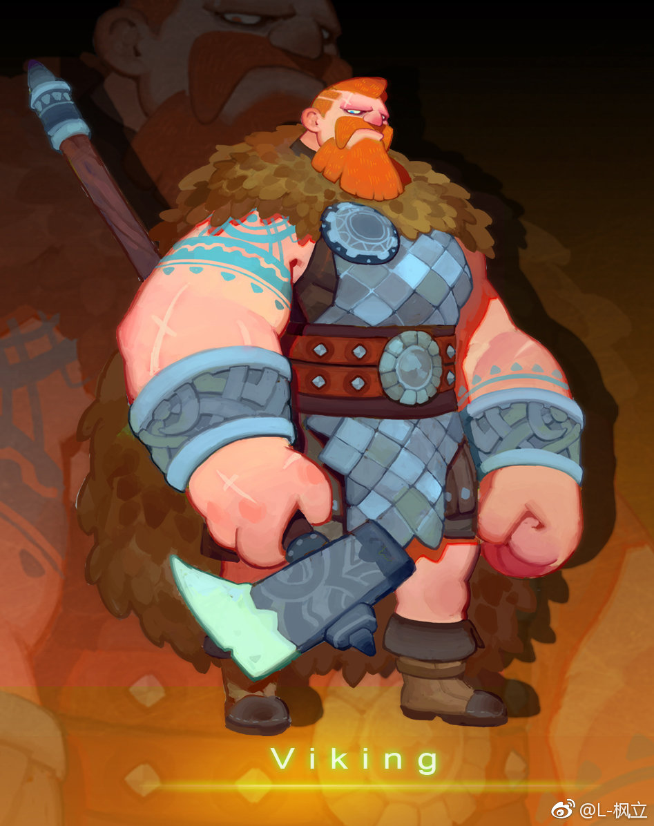 1boy armor axe bara battle_axe beard chainmail copyright_request facial_hair fl_(l-fl) from_side full_beard full_body hair_tattoo holding holding_axe large_hands large_pectorals long_mustache looking_at_viewer male_focus mature_male medieval muscular muscular_male official_art orange_hair pectorals sidepec solo thick_arms thick_eyebrows viking weapon