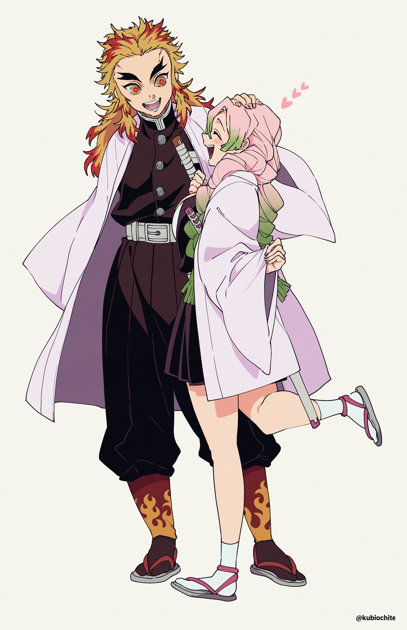 1boy 1girl ^_^ belt black_legwear black_pants black_skirt blonde_hair braid closed_eyes coat colored_tips dalc_rose flame_print forked_eyebrows full_body green_eyes green_hair hand_on_another's_head haori happy headpat heart height_difference highres japanese_clothes kanroji_mitsuri kimetsu_no_yaiba long_hair looking_at_another looking_down matching_outfit miniskirt mole multicolored_hair outstretched_hand pants pinching_sleeves pink_hair pleated_skirt profile red_eyes red_hair rengoku_kyoujurou shin_guards simple_background skirt sleeves_past_fingers sleeves_past_wrists standing standing_on_one_leg streaked_hair sword tabi uniform weapon white_coat white_legwear zouri