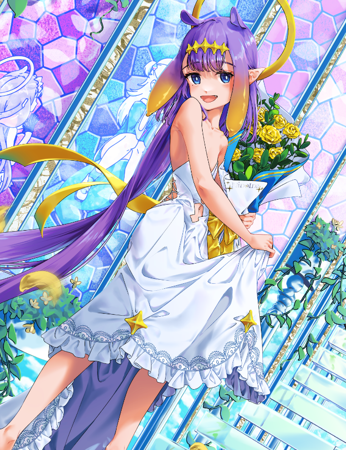 1girl bare_shoulders barefoot blue_eyes bouquet dress fang flower full_body halo holding holding_bouquet hololive hololive_english looking_at_viewer meow_natsuyuki ninomae_ina'nis purple_hair smile solo stained_glass white_dress yellow_flower