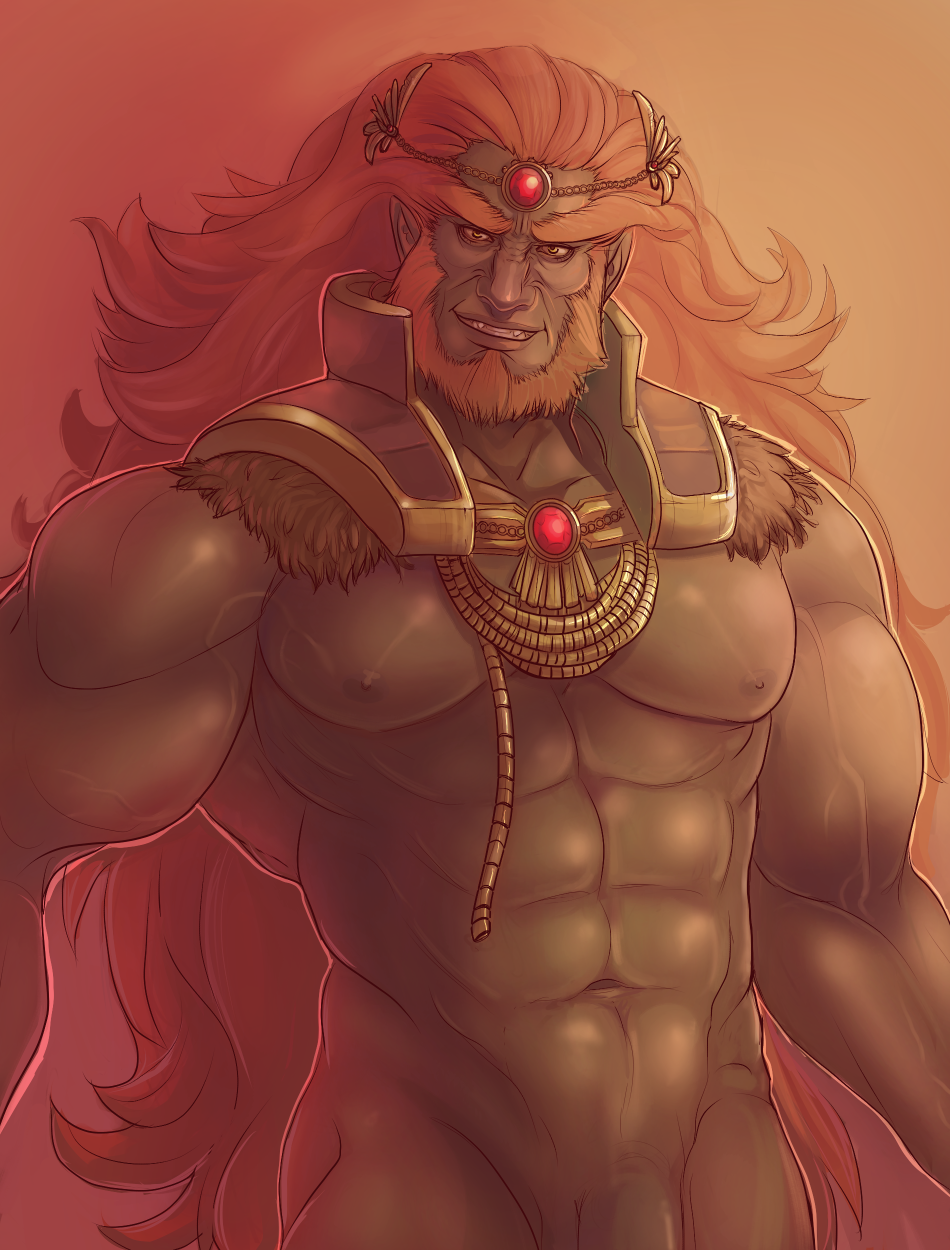 1boy abs armor ash_dickens_(benzyart) bara bare_pectorals beard bottomless circlet colored_skin cowboy_shot facial_hair fur-trimmed_armor fur_trim ganondorf gem gradient_background green_skin highres large_pectorals long_hair looking_at_viewer male_focus mature_male muscular muscular_male navel nipples orange_hair pectorals penis_out_of_frame pointy_ears red_gemstone sharp_teeth shoulder_armor simple_background smile solo teeth the_legend_of_zelda thick_beard veins veiny_arms very_long_hair