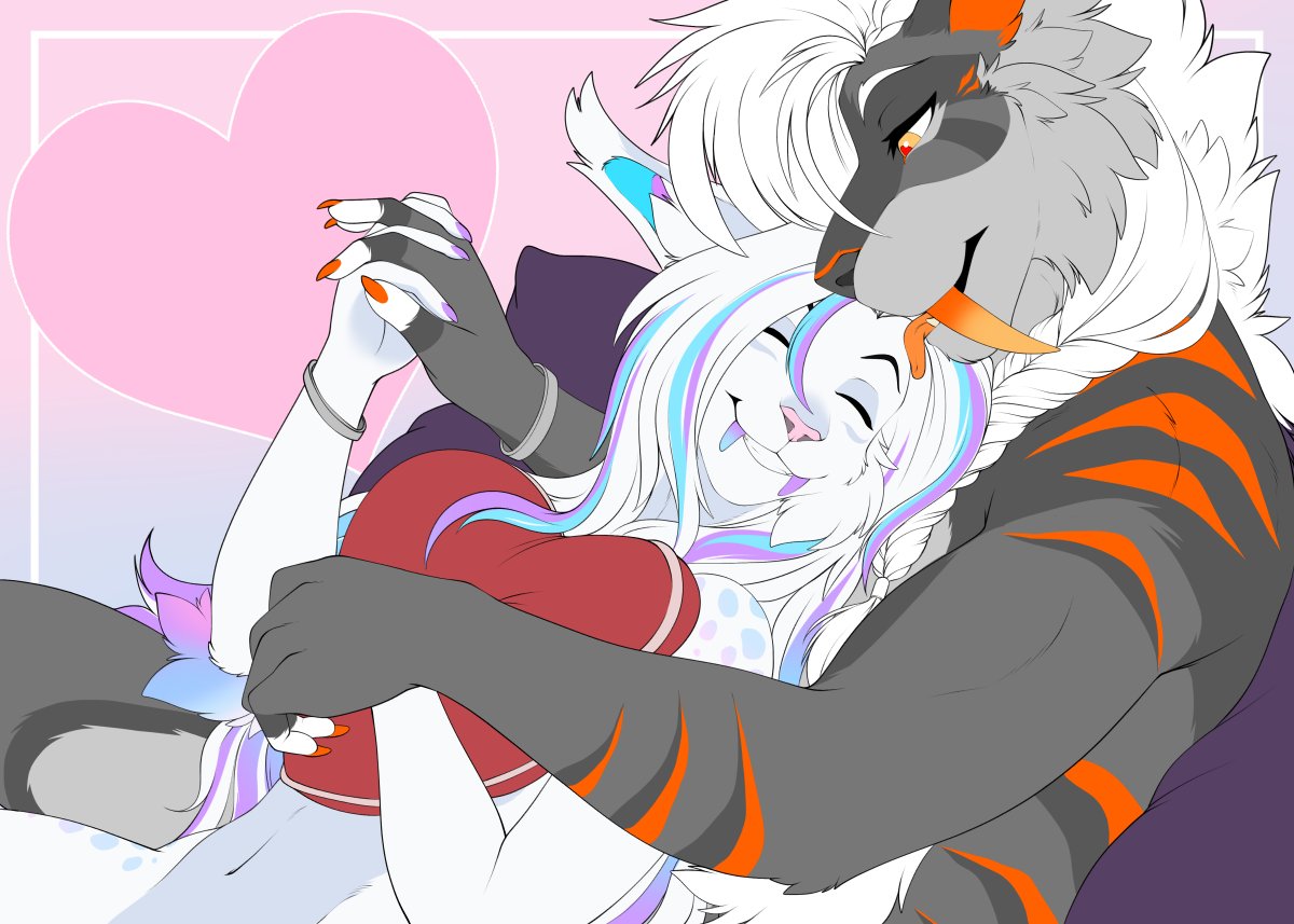 accelo anthro blue_hair blue_markings bracelet colored_nails cuddling duo eyes_closed felid fur grey_body grey_fur hair heart_pillow holidays jewelry licking long_hair lying male male/male mammal markings nails opal_(dagger_leonelli) orange_eyes orange_markings orange_nails pillow pink_hair pink_nails saber-toothed_tiger steele_(accelo) tongue tongue_out valentine's_day