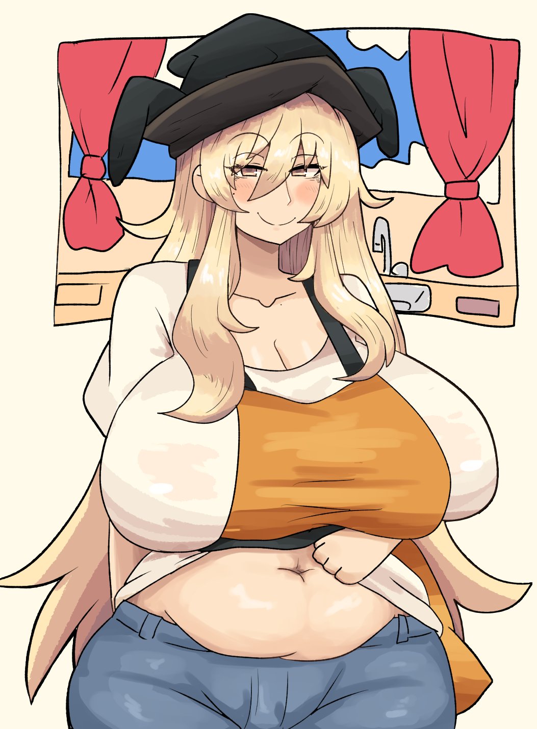 1girl apron belly black_headwear blonde_hair blush breasts cleavage clothes_lift cloud covered_nipples curtains denim faucet flashing hair_between_eyes hat hidden_star_in_four_seasons highres jeans large_breasts lifted_by_self long_sleeves looking_at_viewer matara_okina midriff mole mole_on_collarbone naughty_face navel notnoe_(dxcl) orange_apron pants plump shirt shirt_lift simple_background sink smile solo stomach tabard touhou white_shirt yellow_eyes