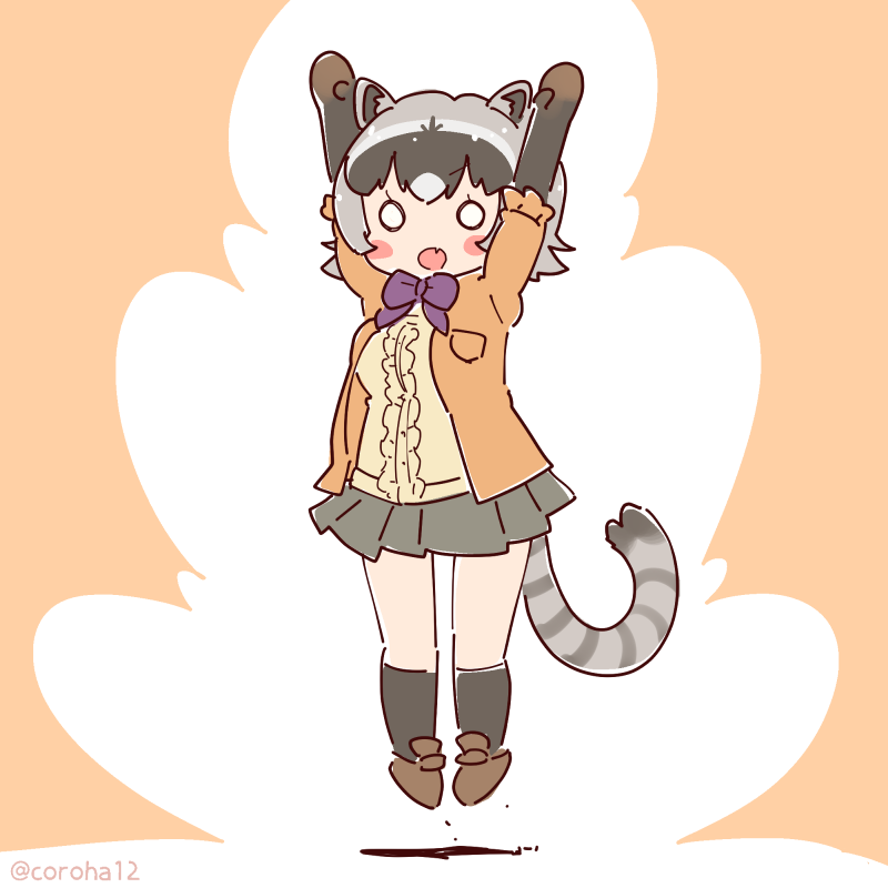 1girl animal_ears arms_up bow bowtie cardigan coroha crab-eating_raccoon_(kemono_friends) elbow_gloves extra_ears full_body gloves grey_hair jumping kemono_friends kemono_friends_3 looking_at_viewer pink_background raccoon_ears raccoon_girl raccoon_tail shirt shoes short_hair simple_background skirt socks solo tail