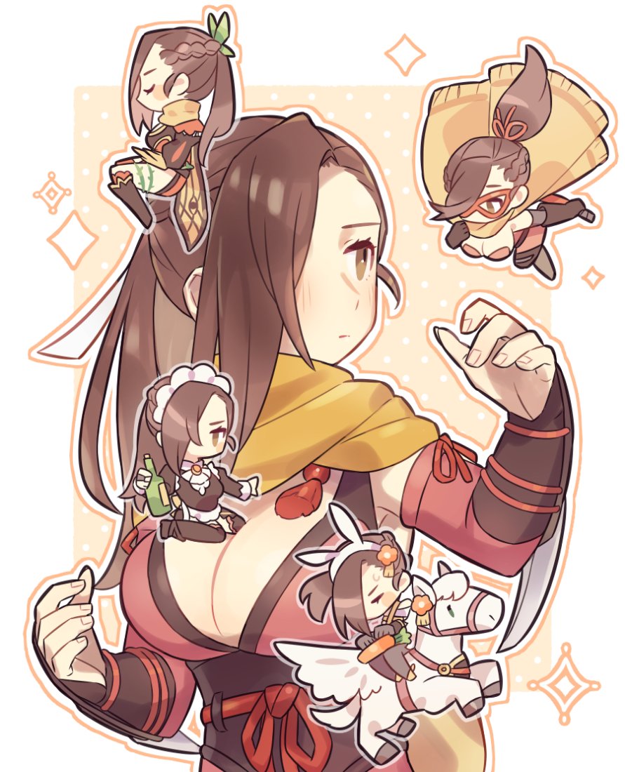 1girl alcohol animal_ears apron bottle braid breasts brown_background brown_cape brown_eyes brown_hair cape carrot chibi chibi_inset cleavage closed_eyes closed_mouth commentary_request crown_braid detached_sleeves fake_animal_ears fighting_stance fire_emblem fire_emblem_fates fire_emblem_heroes haconeri hair_over_one_eye invisible_chair kagero_(fire_emblem) kagero_(halloween)_(fire_emblem) kagero_(resplendent)_(fire_emblem) kagero_(spring)_(fire_emblem) kagero_(thief)_(fire_emblem) large_breasts long_hair maid_apron maid_headdress multiple_views official_alternate_costume pegasus playboy_bunny ponytail rabbit_ears scarf sitting sparkle two-tone_background wariza white_background wine_bottle yellow_scarf