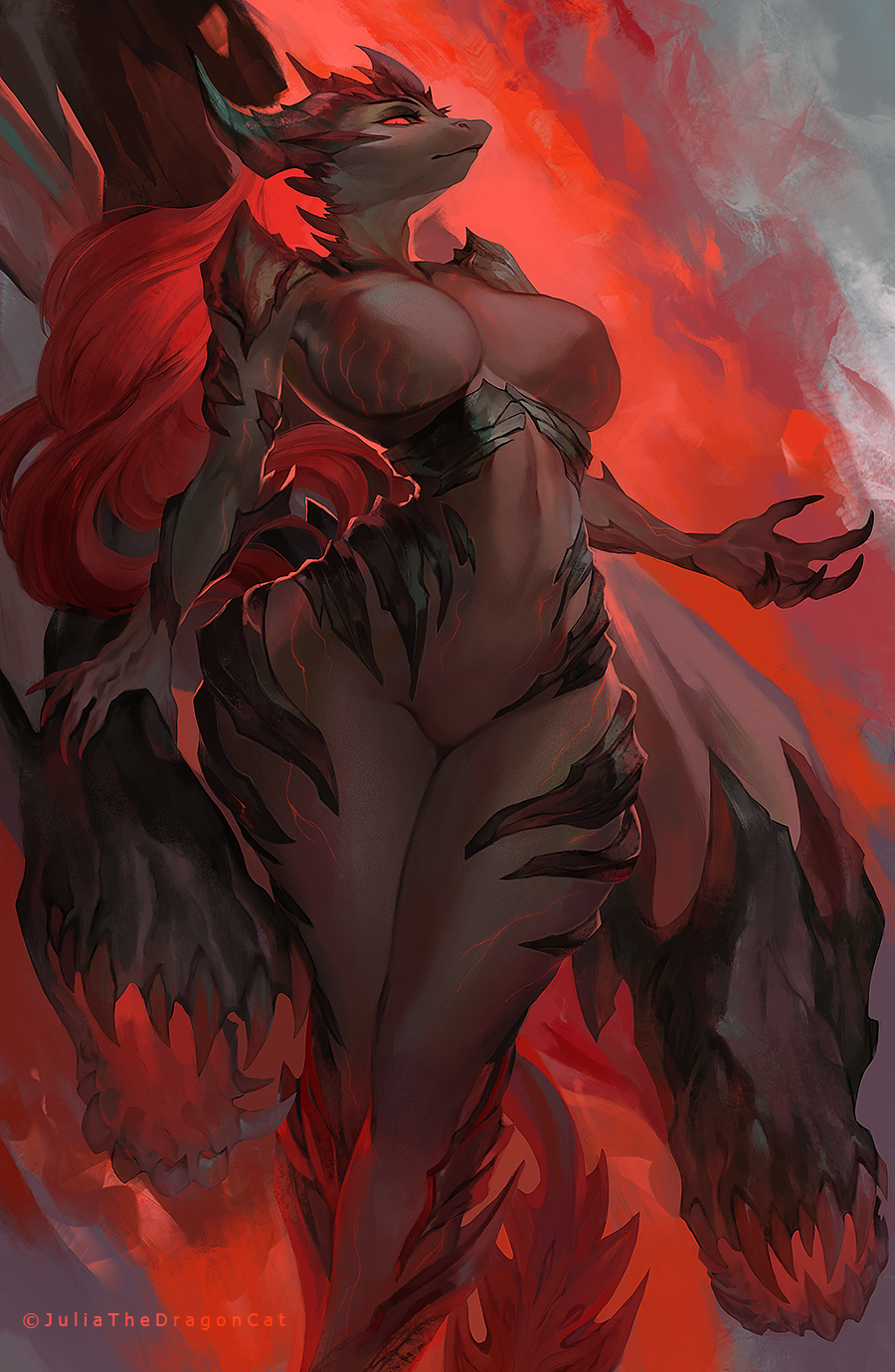 anthro big_breasts biped breasts clawed_fingers dragon featureless_crotch female hi_res juliathedragoncat looking_at_viewer pupils red_eyes solo thick_thighs wide_hips