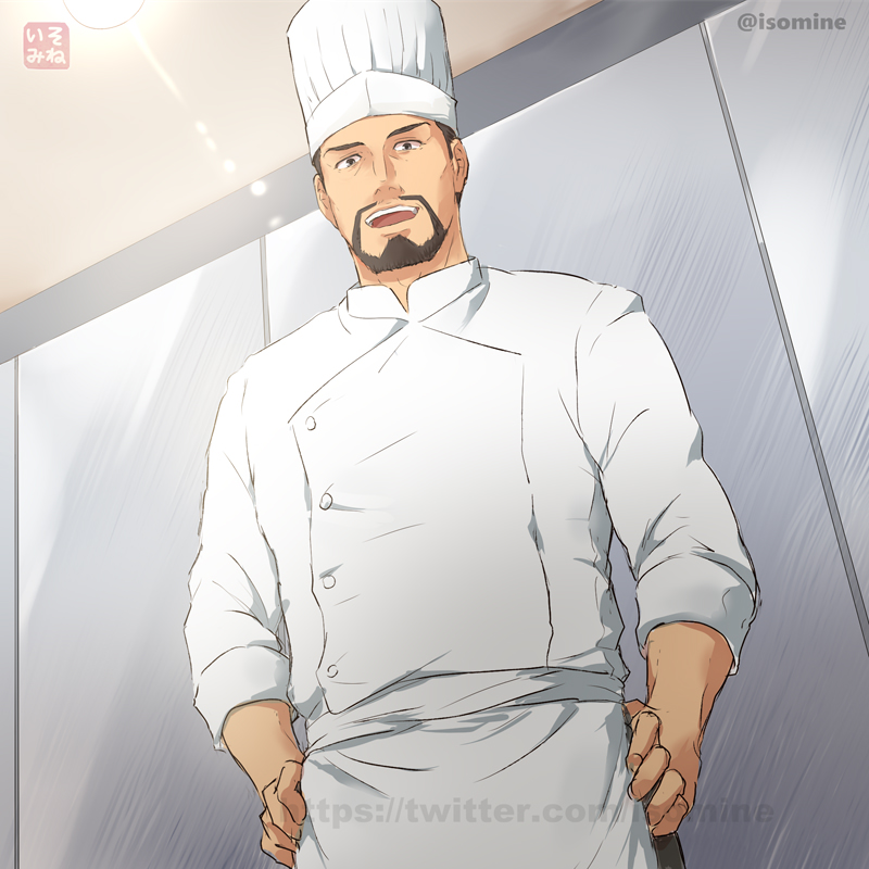 1boy bara beard brown_eyes brown_hair chef chef_hat chef_uniform commentary_request facial_hair hat isekai_shokudou isomine male_focus mature_male muscular muscular_male mustache open_mouth owner_(isekai_shokudou) short_hair smile solo