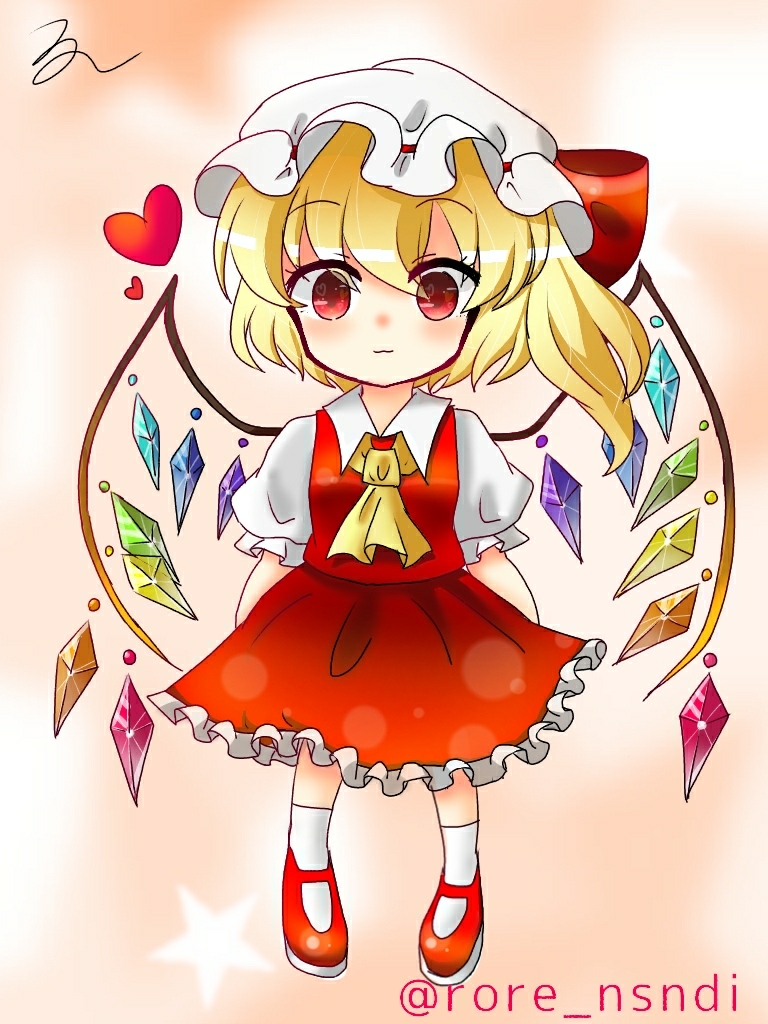 1girl ascot blonde_hair closed_mouth collared_shirt crystal flandre_scarlet frilled_skirt frilled_sleeves frills full_body hat hat_ribbon heart light_smile looking_at_viewer mary_janes medium_hair mob_cap multicolored_wings one_side_up orange_background puffy_short_sleeves puffy_sleeves red_eyes red_footwear red_ribbon red_skirt red_vest ribbon ribbon-trimmed_headwear ribbon_trim rore_(nsndi) shirt shoes short_sleeves simple_background skirt socks solo touhou vest white_headwear white_shirt white_socks wings yellow_ascot
