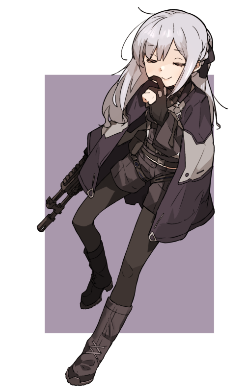 1girl ak-12 ak-12_(girls'_frontline) amonitto assault_rifle belt black_footwear black_gloves black_pantyhose black_shirt black_shorts boots closed_eyes closed_mouth full_body girls'_frontline gloves grey_hair gun hand_up holding holding_gun holding_weapon jacket jacket_on_shoulders kalashnikov_rifle long_hair long_sleeves pantyhose partially_fingerless_gloves pouch rifle shirt shorts smile snap-fit_buckle solo weapon