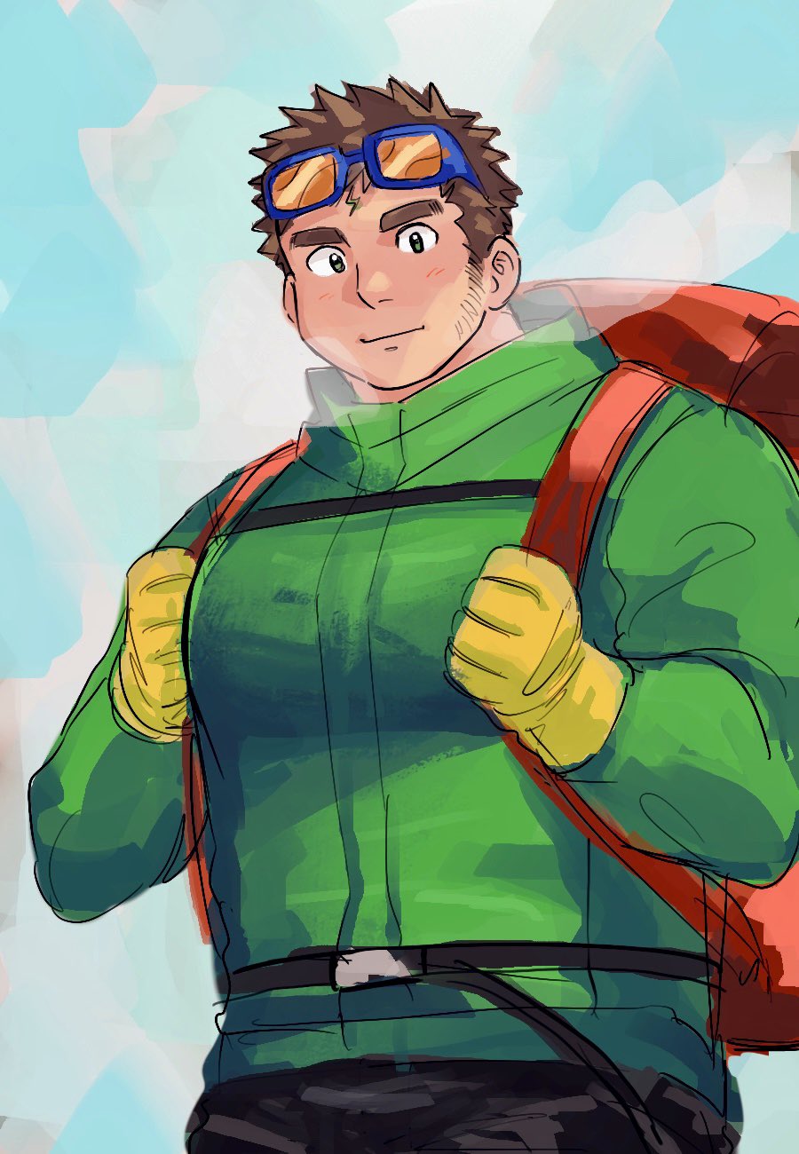 1boy backpack bag bara belt blue-framed_eyewear blue_background breath brown_hair closed_mouth cold eyewear_on_head glasses gloves green_eyes green_jacket highres holding jacket large_pectorals long_sideburns looking_at_viewer male_focus pectorals red_bag short_hair sideburns sketch smile solo sonikinme thick_eyebrows tokyo_afterschool_summoners upper_body yellow_gloves zao_(housamo)