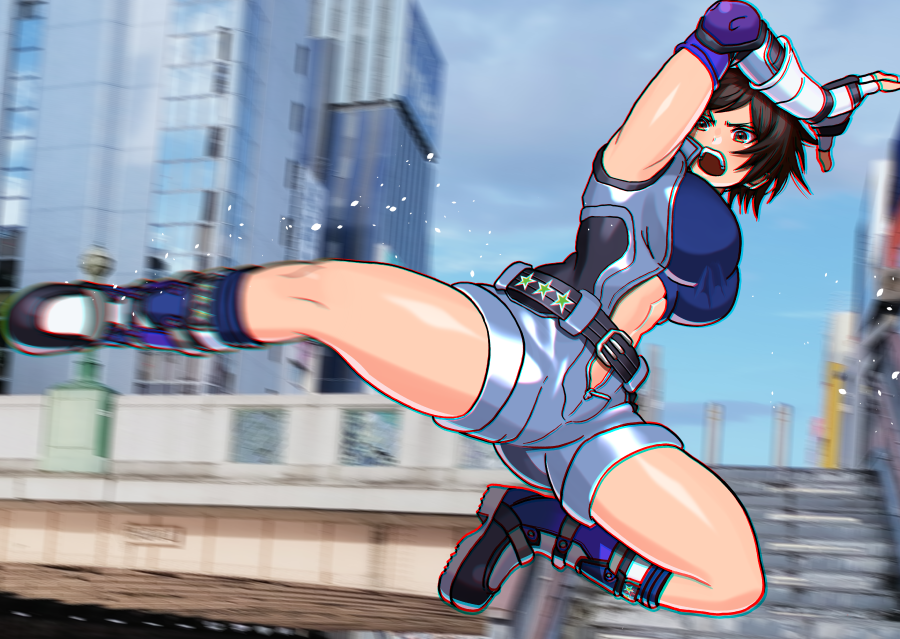 1girl akisu_k belt blue_shorts blue_sky blurry blurry_background breasts brown_eyes brown_hair city cleavage cloud cloudy_sky elbow_gloves elbow_pads gloves kazama_asuka large_breasts navel open_mouth outdoors roundhouse_kick short_hair shorts sky smile solo stomach tekken tekken_5 tomboy v-shaped_eyebrows zipper zipper_pull_tab