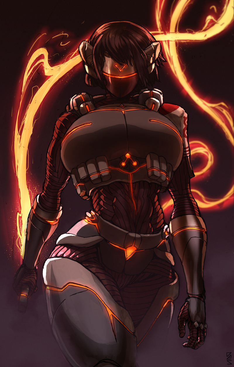 1girl armor arms_at_sides bare_shoulders black_background black_hair breasts des(desvitio) desorienter highres holding holding_whip legs mask mask_on_head original rienna_(desvitio) shirt short_hair signature solo thighs walking weapon whip