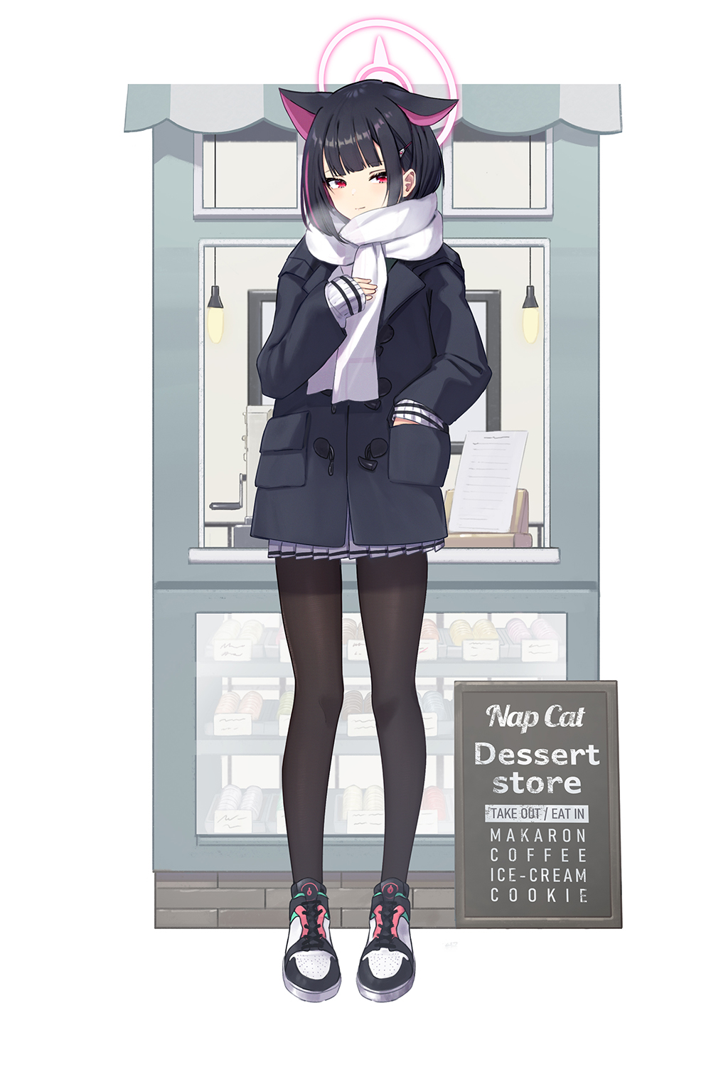 1girl black_hair black_pantyhose blue_archive coat commentary_request english_text full_body hand_in_pocket highres kazusa_(blue_archive) looking_at_viewer pantyhose pink_eyes pink_hair pleated_skirt ranyu scarf shoes short_hair skirt smile sneakers solo winter_clothes winter_coat
