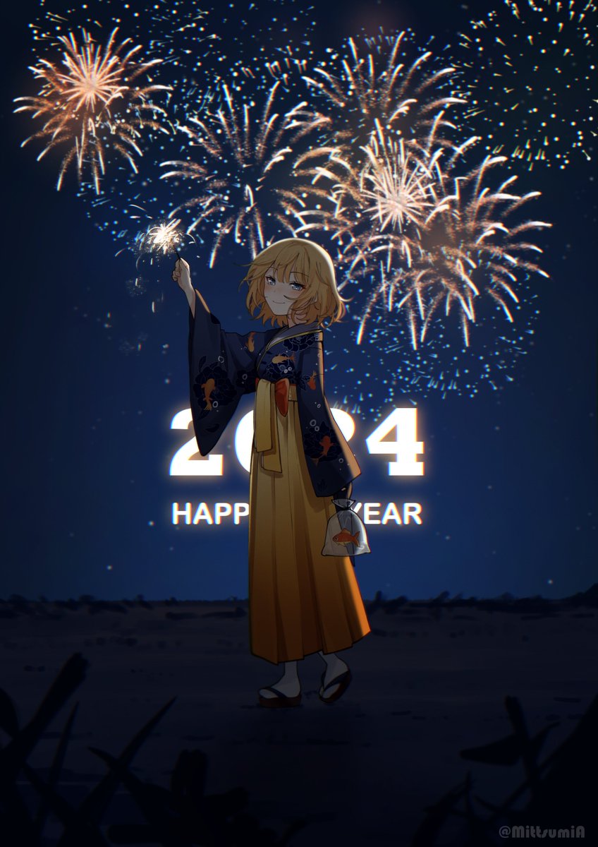 1girl 2024 blonde_hair firecrackers fireworks full_body happy_new_year highres hololive hololive_english japanese_clothes koi looking_at_viewer mittsu new_year night night_sky sandals short_hair sky smile solo watson_amelia