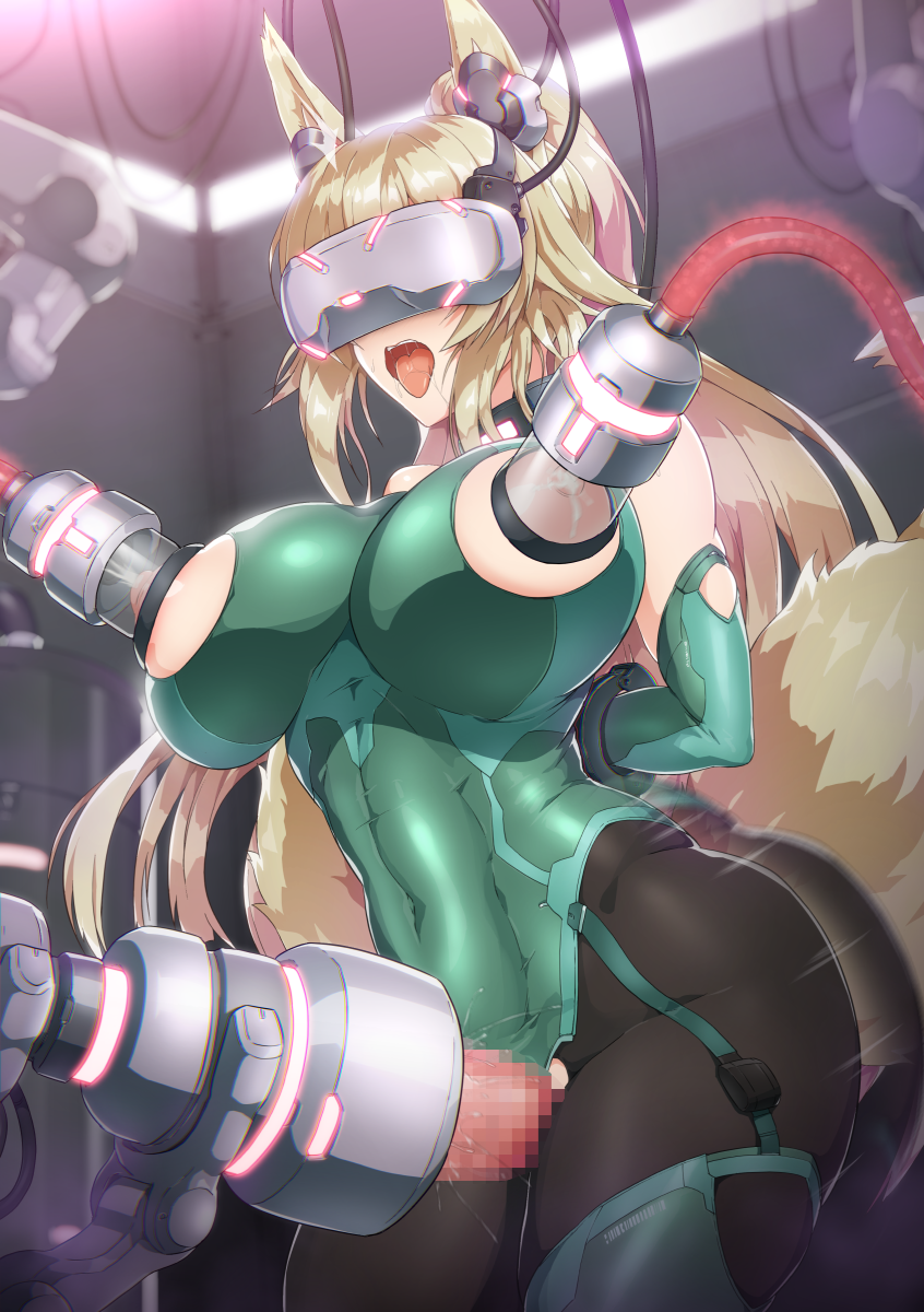1girl animal_ears arm_behind_back black_pantyhose blonde_hair breasts cable commentary_request covered_navel fox_ears fox_girl fox_tail futanari futasub green_leotard head-mounted_display highres lactation large_breasts leotard long_hair machinery milking_machine nandz nipples open_mouth original pantyhose restrained sex_machine skin_tight solo tail tongue tongue_out torn_clothes torn_leotard