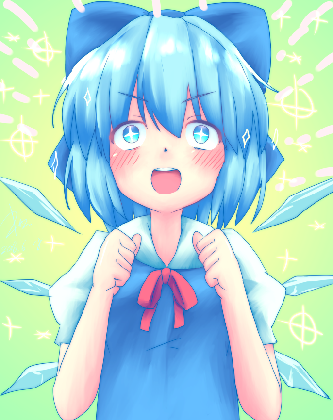 1girl blue_bow blue_eyes blue_hair blush bow cirno detached_wings gradient_background green_background hair_bow happy kisamu_(ksmz) looking_at_viewer neck_ribbon one-hour_drawing_challenge open_mouth puffy_short_sleeves puffy_sleeves red_ribbon ribbon shirt short_sleeves simple_background solo teeth touhou upper_body upper_teeth_only v-shaped_eyebrows white_shirt wings