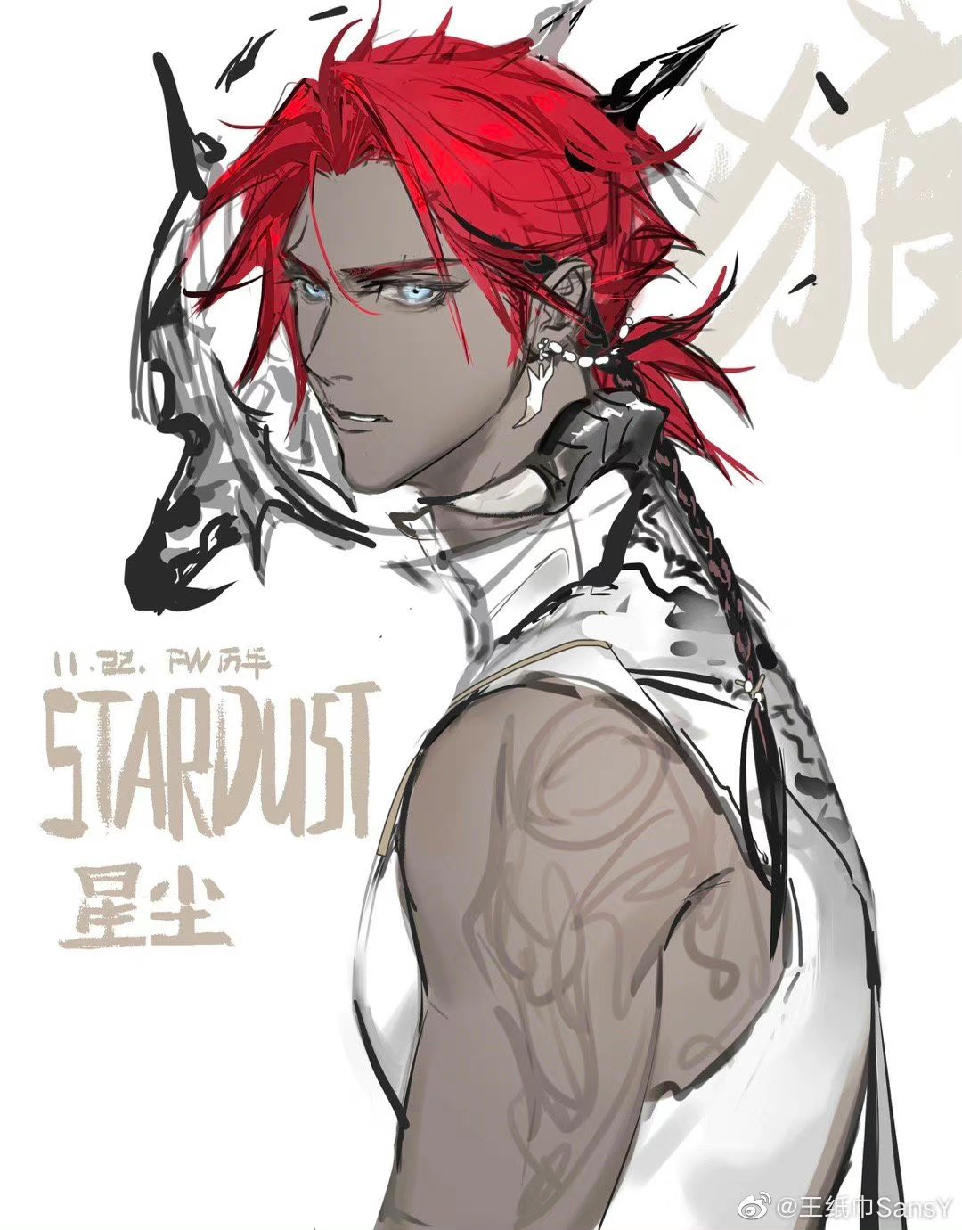 1boy bare_shoulders blue_eyes character_name chinese_commentary commentary_request dark-skinned_male dark_skin dated english_commentary highres kami_off_record low_ponytail male_focus mixed-language_commentary original parted_lips red_hair shirt short_hair short_ponytail shoulder_tattoo simple_background sleeveless sleeveless_shirt solo tattoo thick_eyebrows tooth_earrings turtleneck upper_body v-shaped_eyebrows white_background white_shirt