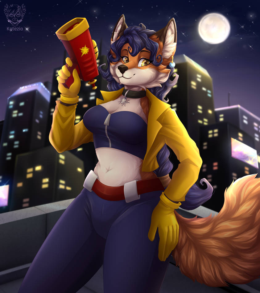 5_fingers anthro big_breasts black_nose blue_hair breasts canid canine canis carmelita_fox city city_background clothed clothing collar cosplay crop_top cynthia_saito digital_media_(artwork) ear_piercing female fingers fox fur gloves hair handwear jacket kotezio light looking_at_viewer mammal moon moonlight night orange_body orange_fur outside piercing rooftop shirt sly_cooper_(series) smile solo sony_corporation sony_interactive_entertainment sucker_punch_productions tail topwear weapon