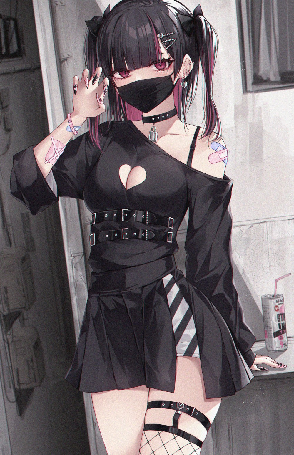 1girl bandaid bandaid_on_arm bare_shoulders black_choker black_hair black_shirt breasts character_request choker claw_pose cleavage cleavage_cutout clothing_cutout copyright_request hair_ornament hairpin hand_up highres kanju mask mouth_mask purple_eyes shirt skirt solo zettai_ryouiki