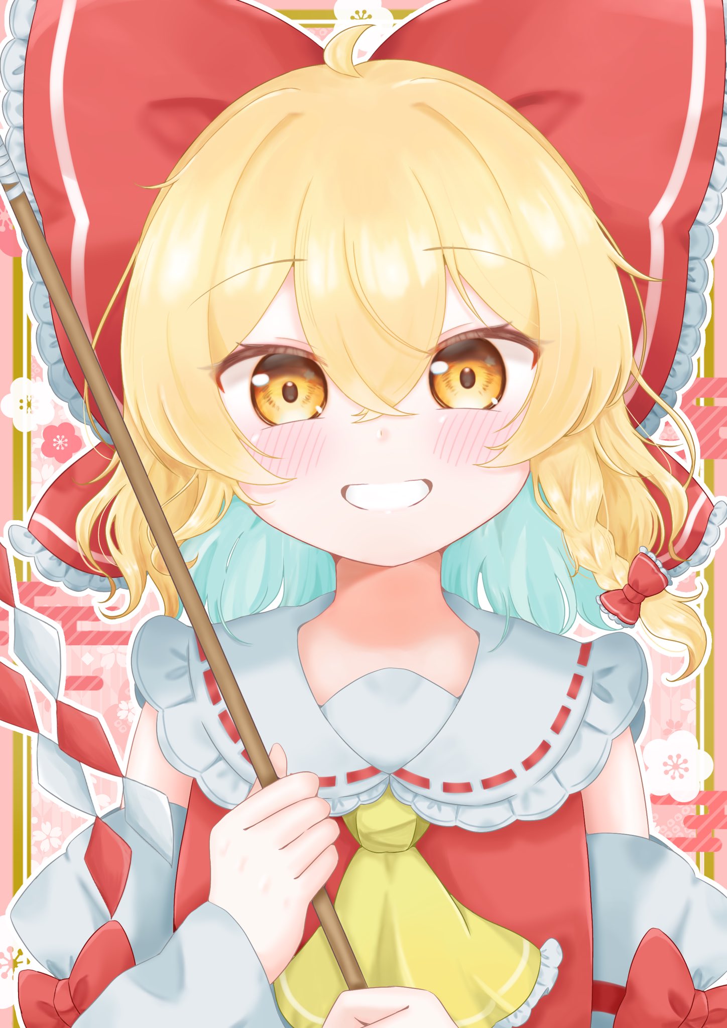 1girl blonde_hair bow broom cosplay detached_sleeves hair_bow hakurei_reimu hakurei_reimu_(cosplay) highres holding holding_broom kirisame_marisa large_bow looking_at_viewer nontraditional_miko pink_background red_bow red_vest smile solo touhou vest white_sleeves yamutarou yellow_eyes