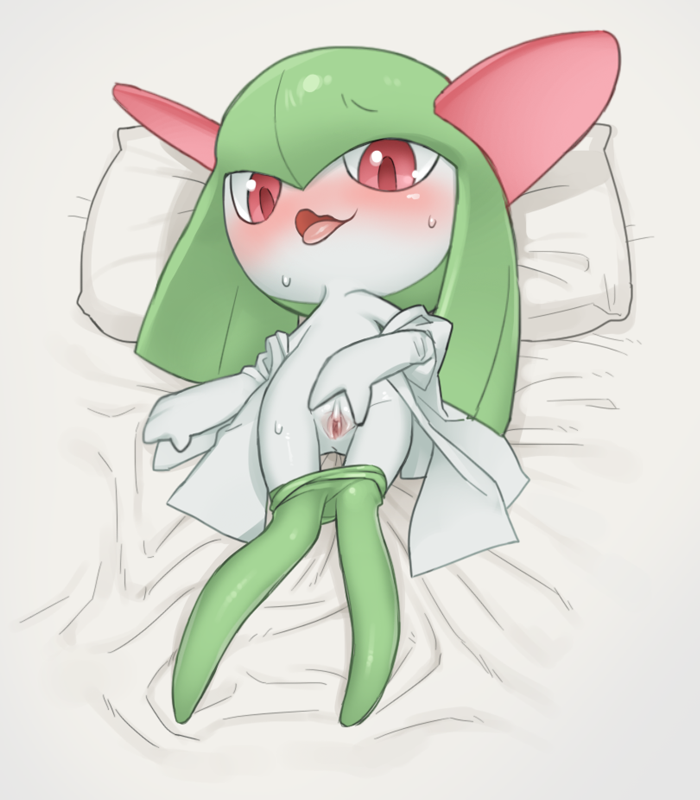 anthro aroused bed bed_sheet bedding blush bodily_fluids clitoris clothing female furniture generation_3_pokemon genitals green_clothing green_hair green_legwear green_tights hair humanoid inviting kirlia legwear lying nintendo on_back on_bed on_model open_mouth pillow pokemon pokemon_(species) presenting pussy red_eyes seductive solo spread_pussy spreading sweat tights tights_down tosx white_body