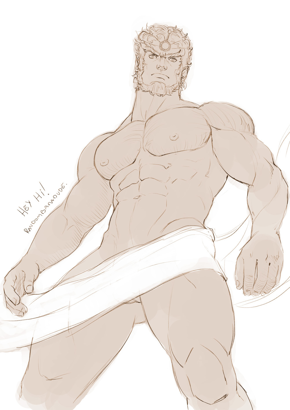 1boy abs bad_id bad_tumblr_id bara beard circlet closed_mouth cowboy_shot english_text facial_hair from_below ganondorf highres large_pectorals male_focus mature_male monochrome muscular muscular_male naked_towel navel nipples pectorals randombaradude short_hair sketch solo the_legend_of_zelda thick_beard thick_eyebrows thick_thighs thighs towel wavy_hair