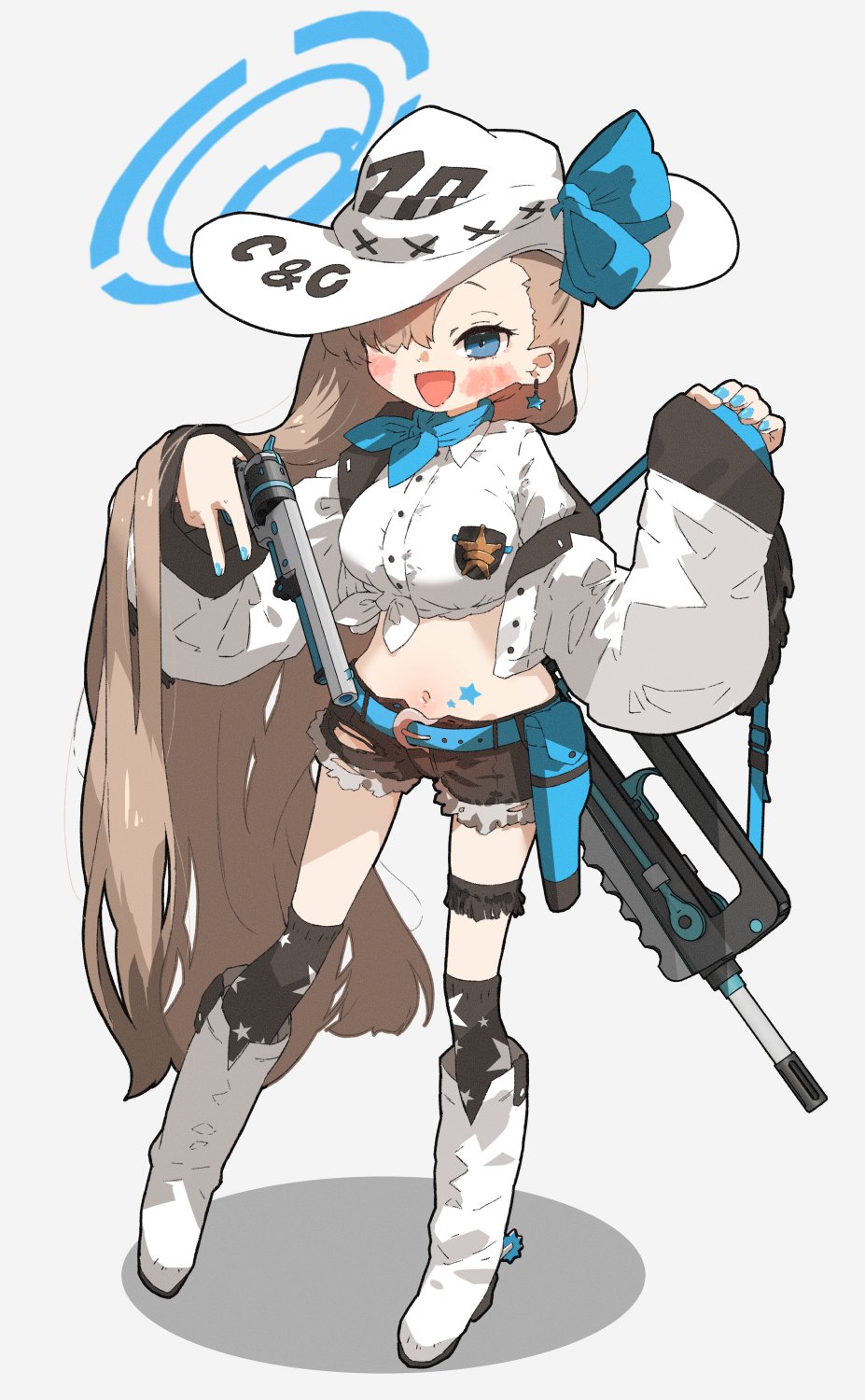 1girl absurdly_long_hair alternate_costume amonitto ass assault_rifle asuna_(blue_archive) bandana belt black_shorts black_thighhighs blue_archive blue_eyes boots breasts bridal_garter brown_hair bullpup collared_shirt cowboy_boots cowboy_shot cutoffs earrings famas full_body gun gun_sling hair_over_one_eye halo highres holding holding_gun holding_weapon holster jacket jewelry long_hair long_sleeves looking_at_viewer medium_breasts midriff navel off_shoulder open_mouth revolver rifle shirt shorts smile solo standing star_(symbol) star_earrings thighhighs tied_shirt torn_clothes torn_shorts very_long_hair weapon white_background white_footwear white_headwear white_jacket white_shirt
