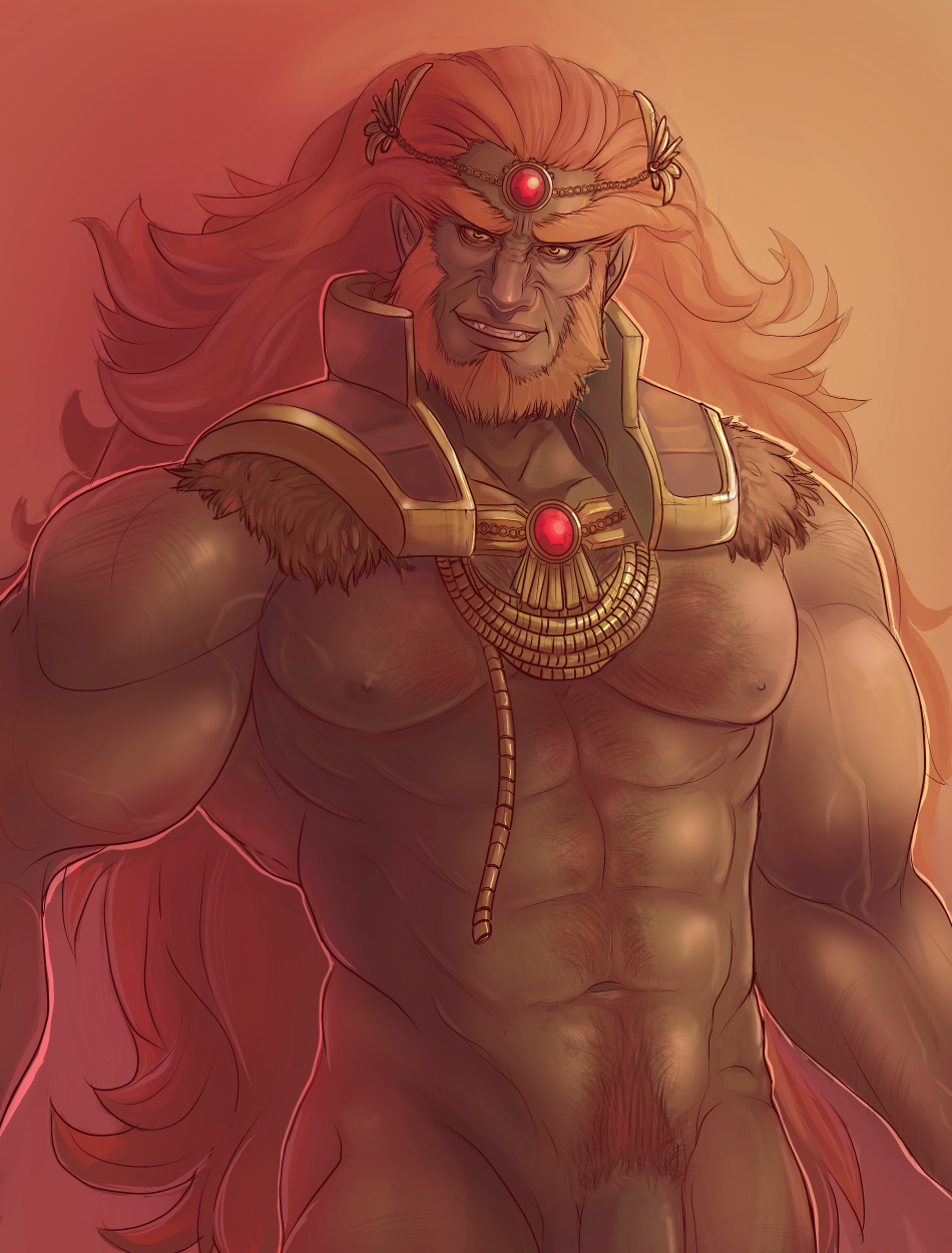 1boy abs arm_hair armor ash_dickens_(benzyart) bara bare_pectorals beard bottomless chest_hair circlet colored_skin cowboy_shot facial_hair fur-trimmed_armor fur_trim ganondorf gem gradient_background green_skin highres large_pectorals long_hair looking_at_viewer male_focus male_pubic_hair mature_male muscular muscular_male navel navel_hair nipples orange_hair pectorals penis_out_of_frame pointy_ears pubic_hair red_gemstone sharp_teeth shoulder_armor simple_background smile solo teeth the_legend_of_zelda thick_beard veins veiny_arms very_long_hair