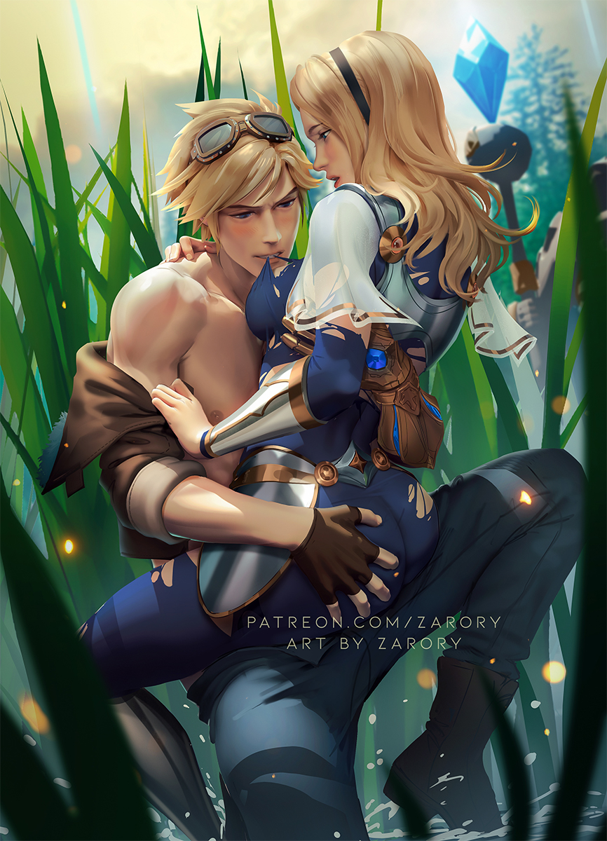 1boy 1girl ass ass_grab black_hairband blonde_hair bodysuit breasts brown_jacket ezreal fingerless_gloves gauntlets gloves goggles goggles_on_head grass hairband highres jacket league_of_legends looking_at_another lux_(league_of_legends) medium_breasts medium_hair paid_reward_available pants patreon_username short_hair single_fingerless_glove single_gauntlet statue tall_grass tearing_clothes torn_bodysuit torn_clothes zarory