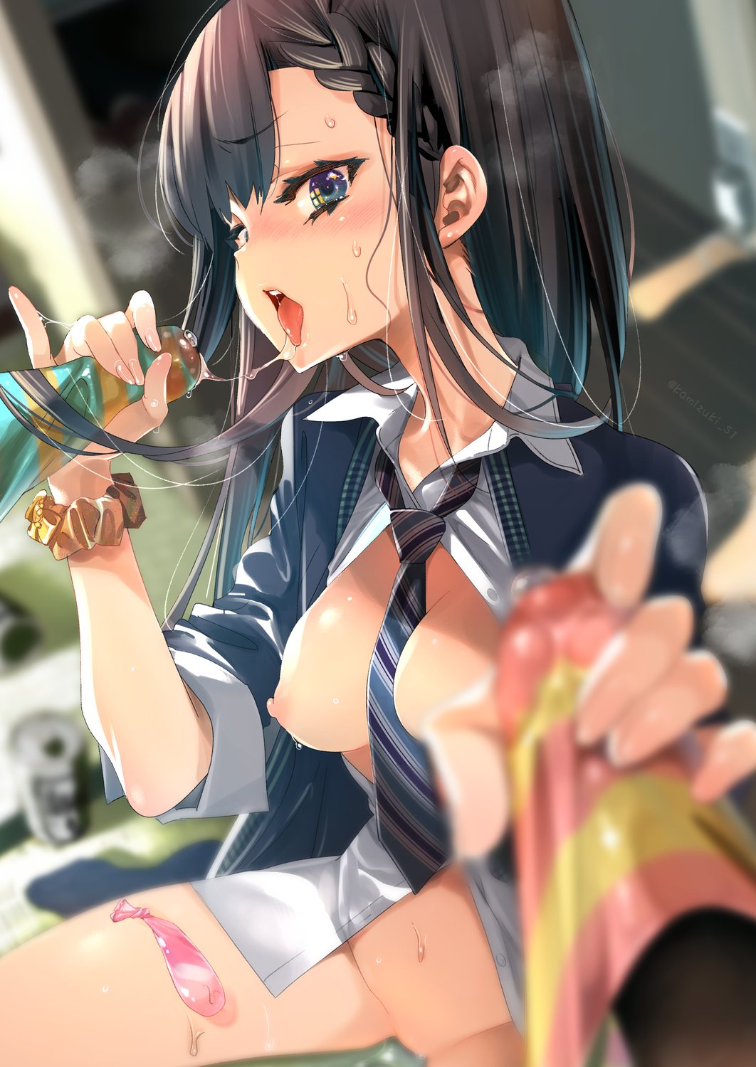 1girl 2boys after_fellatio between_breasts black_hair black_necktie blue_eyes blurry blush braid braided_bangs breasts breasts_out bulge can collared_shirt condom depth_of_field double_handjob erection erection_under_clothes handjob heavy_breathing hetero highres indoors kamizuki_shiki long_hair looking_at_viewer medium_breasts multiple_boys necktie necktie_between_breasts nipples original parted_bangs pinky_out saliva saliva_on_penis saliva_trail shirt sleeves_rolled_up striped_necktie tongue tongue_out used_condom white_shirt