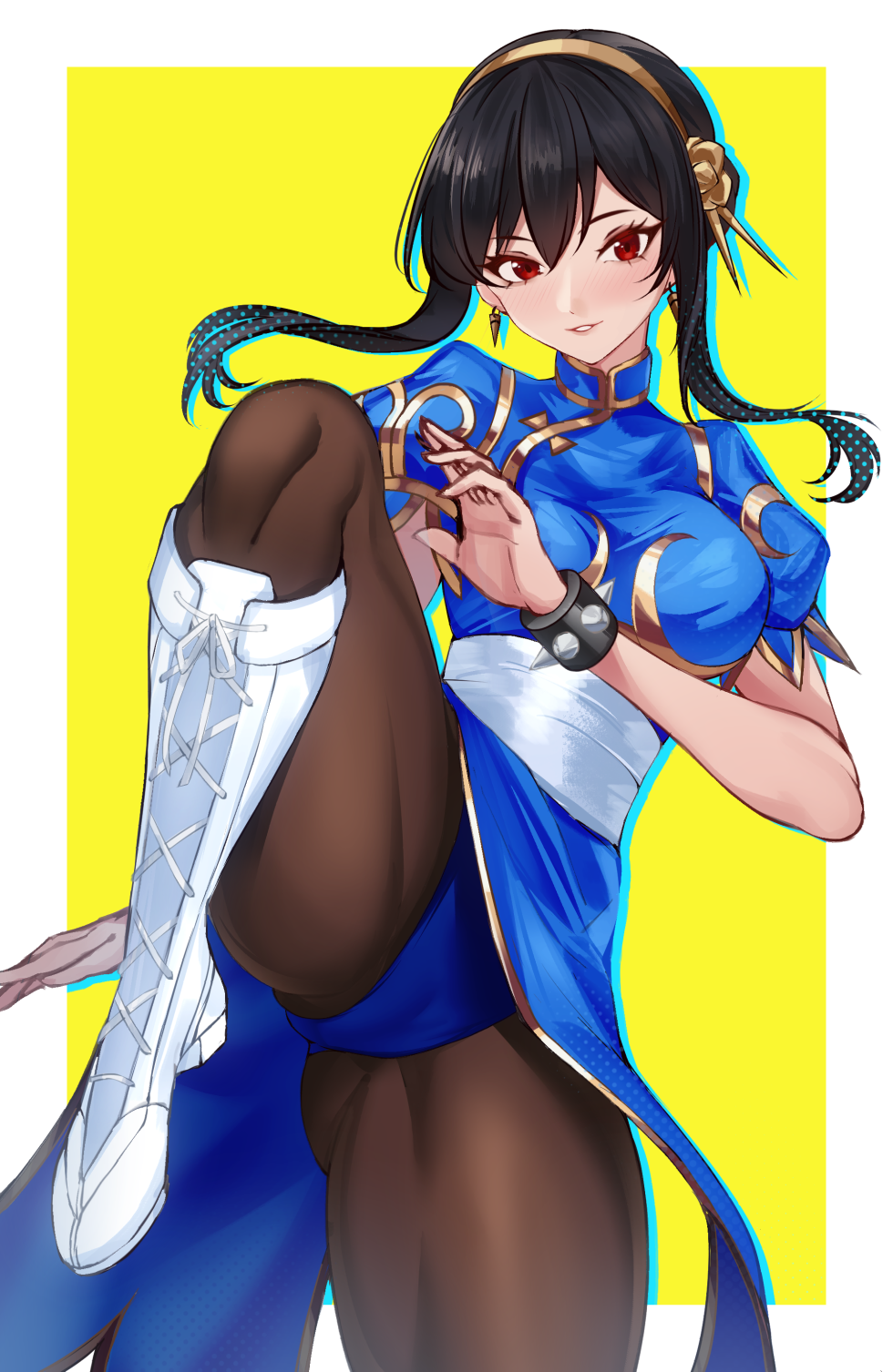 1girl bodysuit boots brown_pantyhose chun-li chun-li_(cosplay) commentary_request cosplay cross-laced_footwear earrings flower gold_hairband hair_flower hair_ornament hairband highleg highres jewelry lace-up_boots looking_at_viewer pantyhose parted_lips red_eyes rose short_sleeves sidelocks skin_tight smile solo spy_x_family standing standing_on_one_leg street_fighter two-tone_background volyz white_background white_footwear yellow_background yor_briar
