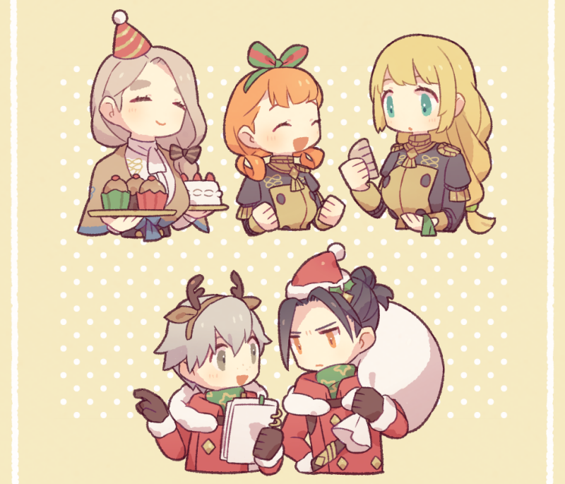 2boys 3girls ^_^ animal_ears annette_fantine_dominic ashe_ubert bag blonde_hair blue_hair brown_gloves brown_hair cake christmas clenched_hand closed_eyes closed_mouth coat cupcake deer_ears eyelashes fake_animal_ears felix_hugo_fraldarius fire_emblem fire_emblem:_three_houses food fur-trimmed_coat fur_trim garreg_mach_monastery_uniform gloves green_eyes grey_eyes grey_hair haconeri happy hat holding holding_bag holding_plate ingrid_brandl_galatea long_hair medium_hair mercedes_von_martritz multiple_boys multiple_girls open_mouth orange_eyes orange_hair party_hat plate red_coat santa_hat short_hair simple_background smile upper_body v-shaped_eyebrows white_bag yellow_background