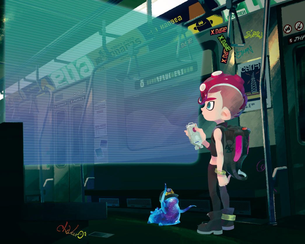 1boy agent_8_(splatoon) backpack bag black_footwear black_pants black_shirt blue_eyes c.q._cumber_(splatoon) cha_kuro_(limo) controller crop_top holding holding_remote_control holographic_interface inkling_(language) male_focus pants red_hair remote_control sea_cucumber shirt short_hair signature splatoon_(series) splatoon_2 tentacles train_interior undercut