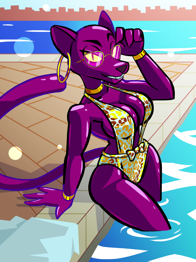 2024 anthro aygee breasts clothing digital_media_(artwork) eyewear felid female gold_(metal) gold_jewelry jewelry mammal partially_submerged purple_body ribbons sasha_(fuzie123) smile solo sunglasses swimming_pool swimwear