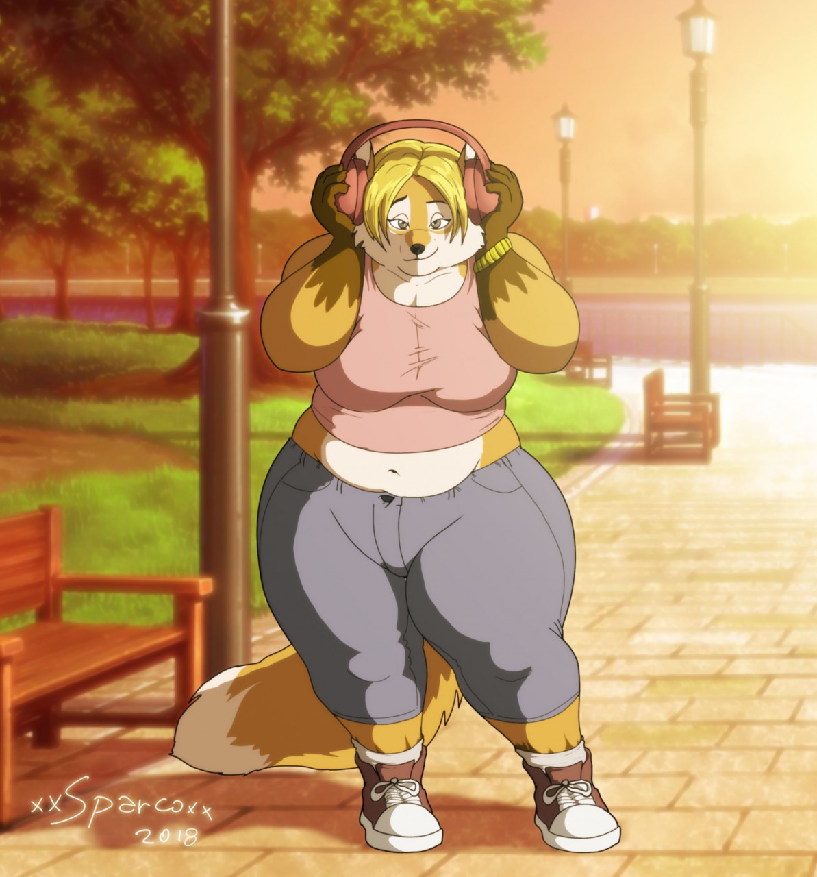 2018 anthro artist_name belly bench big_breasts blonde_hair bottomwear breasts canid canine clock clothing digital_media_(artwork) electronics female footwear fox fur hair headphones hi_res mammal michelle_(xxsparcoxx) multicolored_body multicolored_fur navel orange_body orange_fur overweight overweight_anthro overweight_female pants park river shirt shoes sleeveless sleeveless_shirt sneakers socks solo street_lamp topwear two_tone_body two_tone_fur walkway watch water wristwatch xxsparcoxx