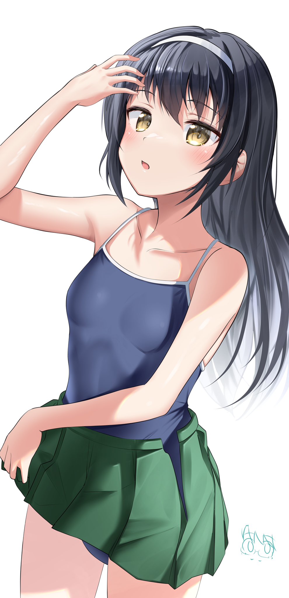 1girl black_hair breasts brown_eyes competition_school_swimsuit cowboy_shot girls_und_panzer green_skirt hairband highres iwabuchi501 long_hair reizei_mako school_swimsuit simple_background skirt small_breasts solo swimsuit swimsuit_under_clothes undressing white_background white_hairband