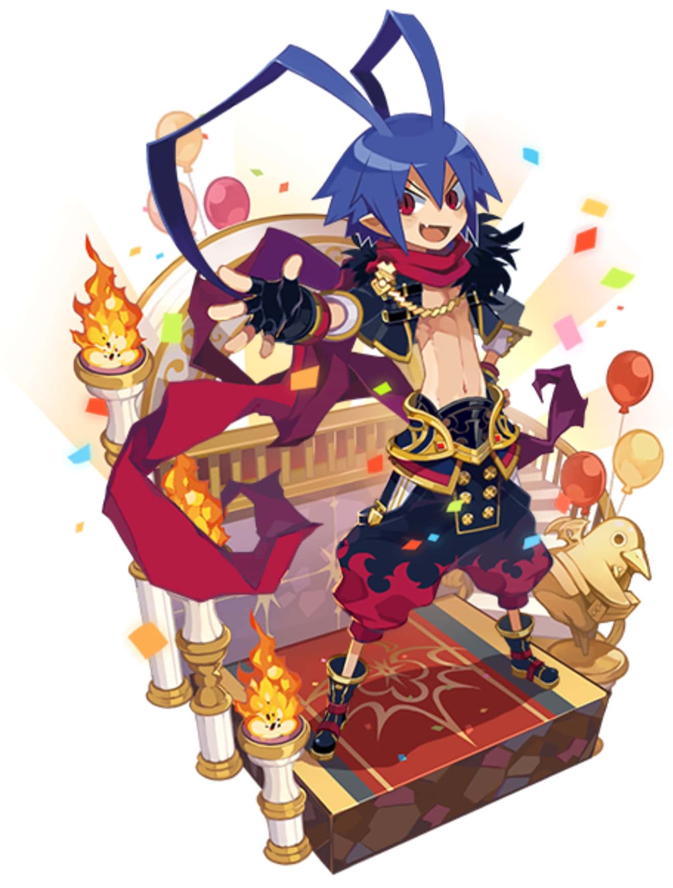 1boy antenna_hair balloon black_gloves blue_eyes disgaea disgaea_rpg fingerless_gloves full_body gloves hair_between_eyes highres laharl navel official_art open_mouth pants pointy_ears red_eyes red_scarf scarf shoes smile