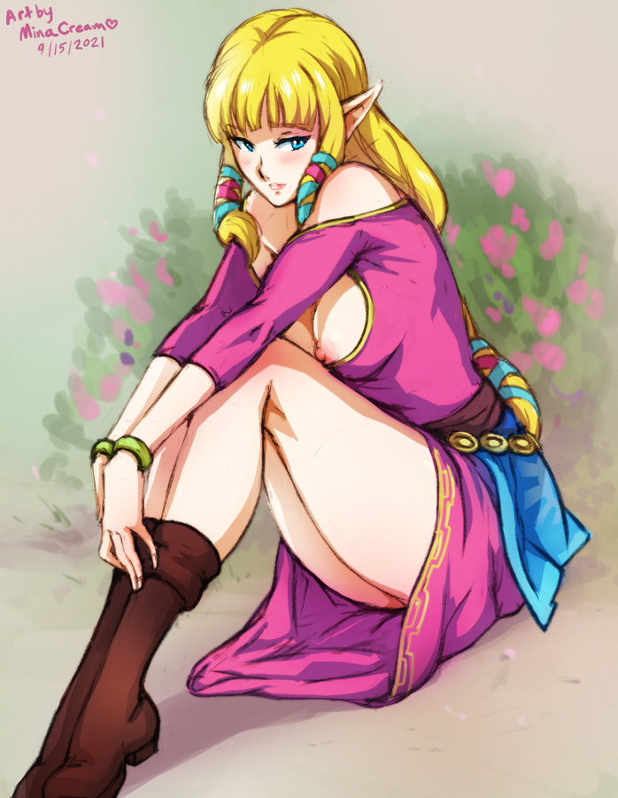 1girl artist_name ass belt black_belt blonde_hair brown_footwear dated dress hair_ribbon long_hair mina_cream nipples pink_dress pointy_ears princess_zelda ribbon sitting smile solo the_legend_of_zelda the_legend_of_zelda:_skyward_sword tress_ribbon