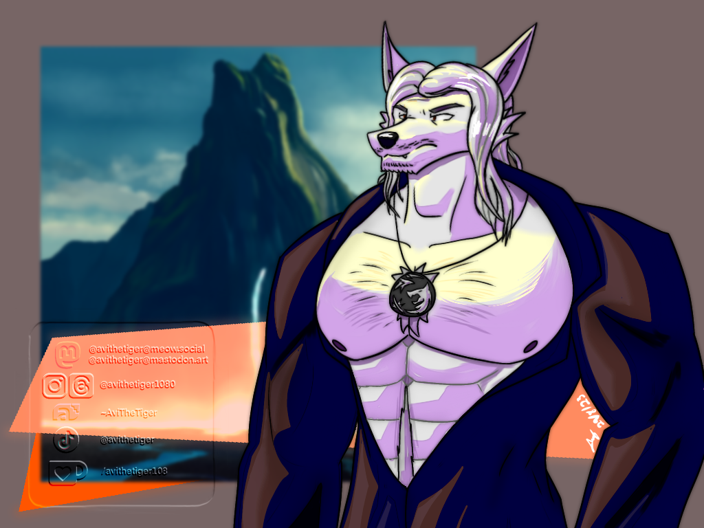 abs anthro avi_the_tiger barazoku body_hair canid canine canis clothed clothing daddy_(disambiguation) facial_hair forestpunktiger geralt_of_rivia hair happy_trail male mammal partially_clothed pecs solo the_witcher white_furry white_hair wolf
