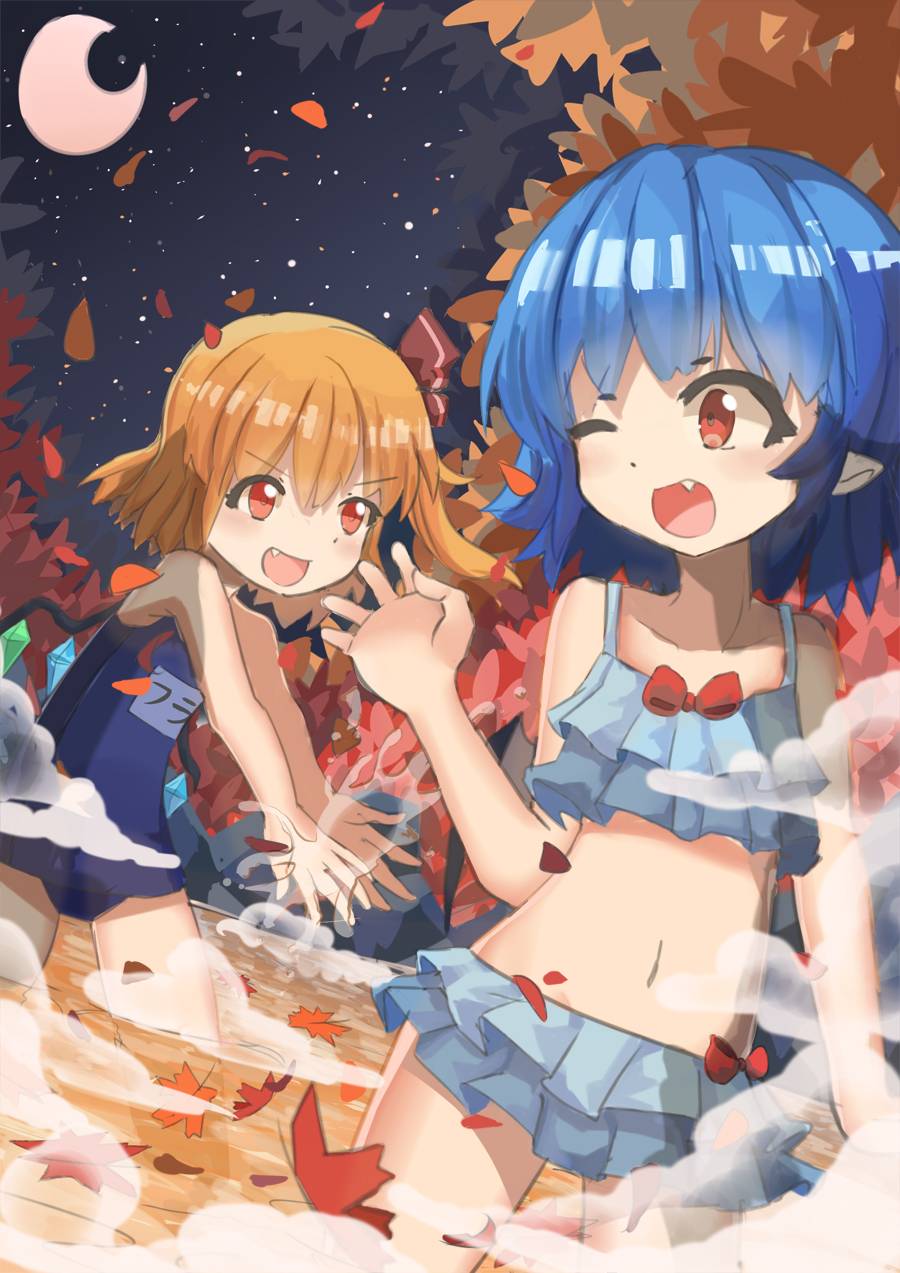 2girls autumn autumn_leaves bare_shoulders blonde_hair blue_one-piece_swimsuit collarbone crystal fang flandre_scarlet highres looking_at_another medium_hair midriff multicolored_wings multiple_girls navel no_headwear old_school_swimsuit one-piece_swimsuit one_eye_closed one_side_up onsen open_mouth partially_submerged pointy_ears red_eyes remilia_scarlet school_swimsuit siblings sisters swimsuit touhou v-shaped_eyebrows wings xly_97