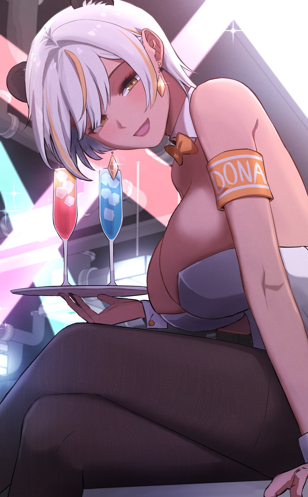 1girl animal_ears armband bare_shoulders bear_ears black_pantyhose bow bowtie breasts character_name cocktail_glass crossed_legs cup dark-skinned_female dark_skin detached_collar drink drinking_glass earrings from_side half-closed_eyes highres jangmaseason jewelry large_breasts leaning_forward leotard looking_at_viewer luvdia multicolored_hair orange_bow orange_bowtie orange_eyes orange_hair orange_lips pantyhose park_dona playboy_bunny short_hair sitting smile solo strapless strapless_leotard streaked_hair tray virtual_youtuber white_hair white_leotard wrist_cuffs yellow_eyes