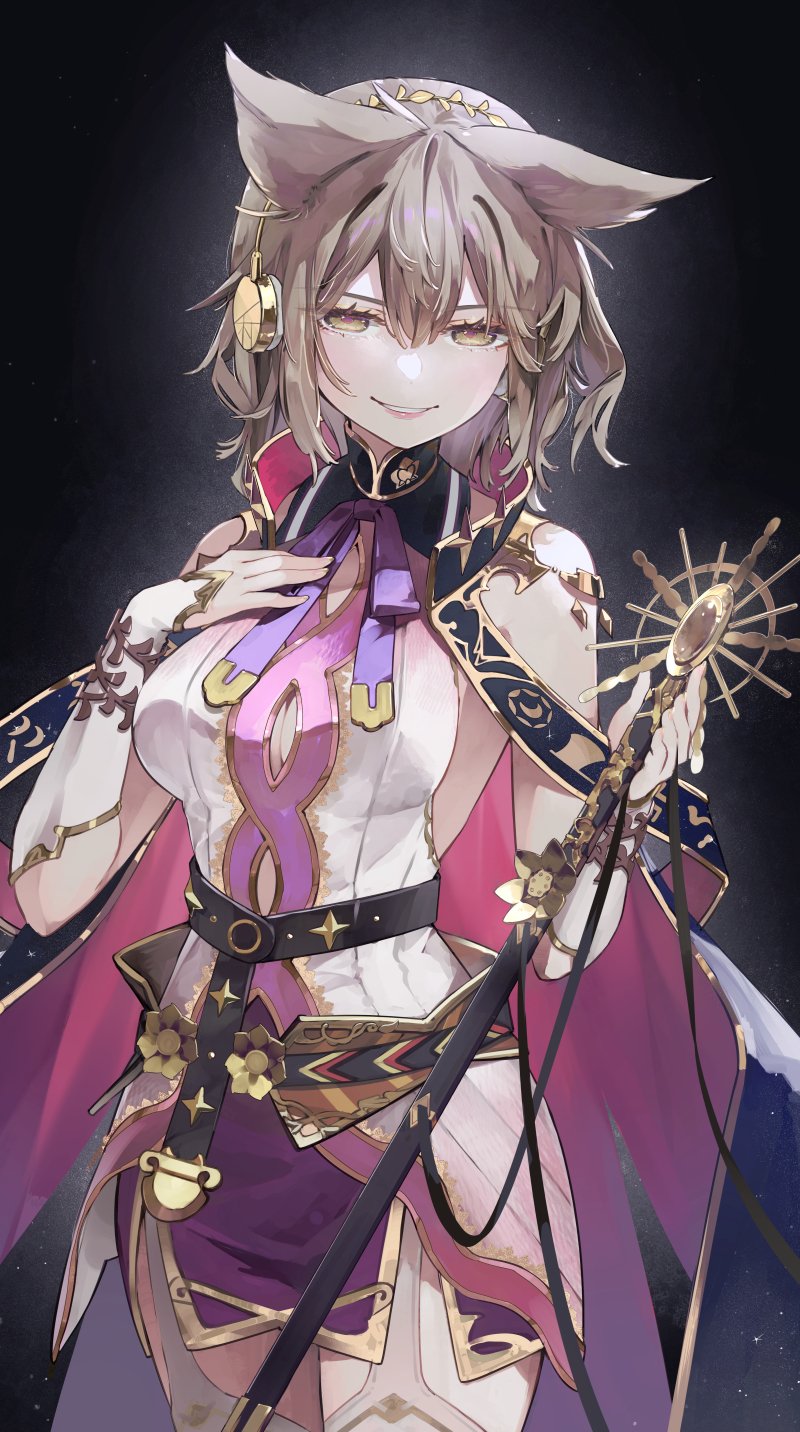 1girl blonde_hair bracelet cape earmuffs garter_straps hair_between_eyes highres jewelry lips looking_at_viewer neck_ribbon pointy_hair purple_cape ribbon ritual_baton short_hair sleeveless smile solo syuri22 touhou toyosatomimi_no_miko yellow_eyes