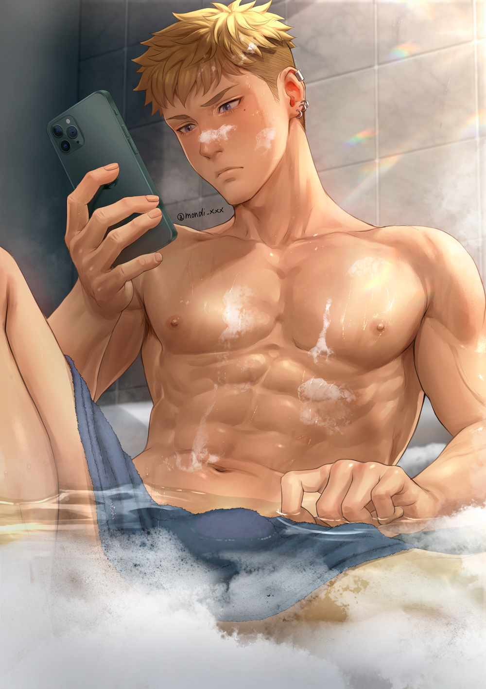 1boy abs bara bathing blonde_hair blush closed_mouth earrings highres holding holding_phone indoors jewelry large_pectorals looking_at_phone luca_(mondi_hl) male_focus mondi_hl muscular muscular_male navel nipples original pectorals phone short_hair soap solo towel towel_around_waist twitter_username water