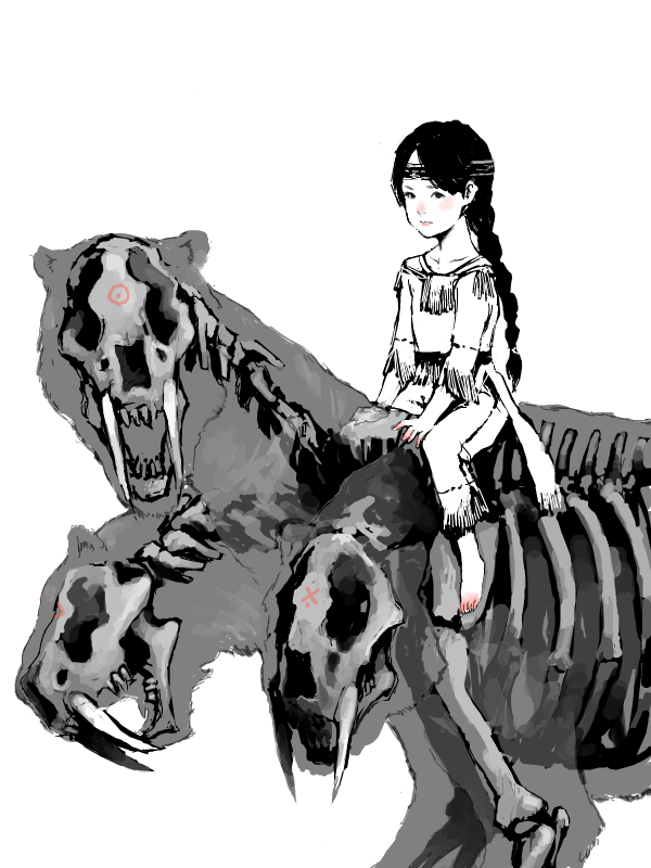 1girl bad_drawr_id bad_id barefoot closed_mouth fangs fossil greyscale headband light_blush long_braid long_hair looking_at_viewer monochrome monster oekaki original parted_bangs shirt sitting solo spot_color tanno